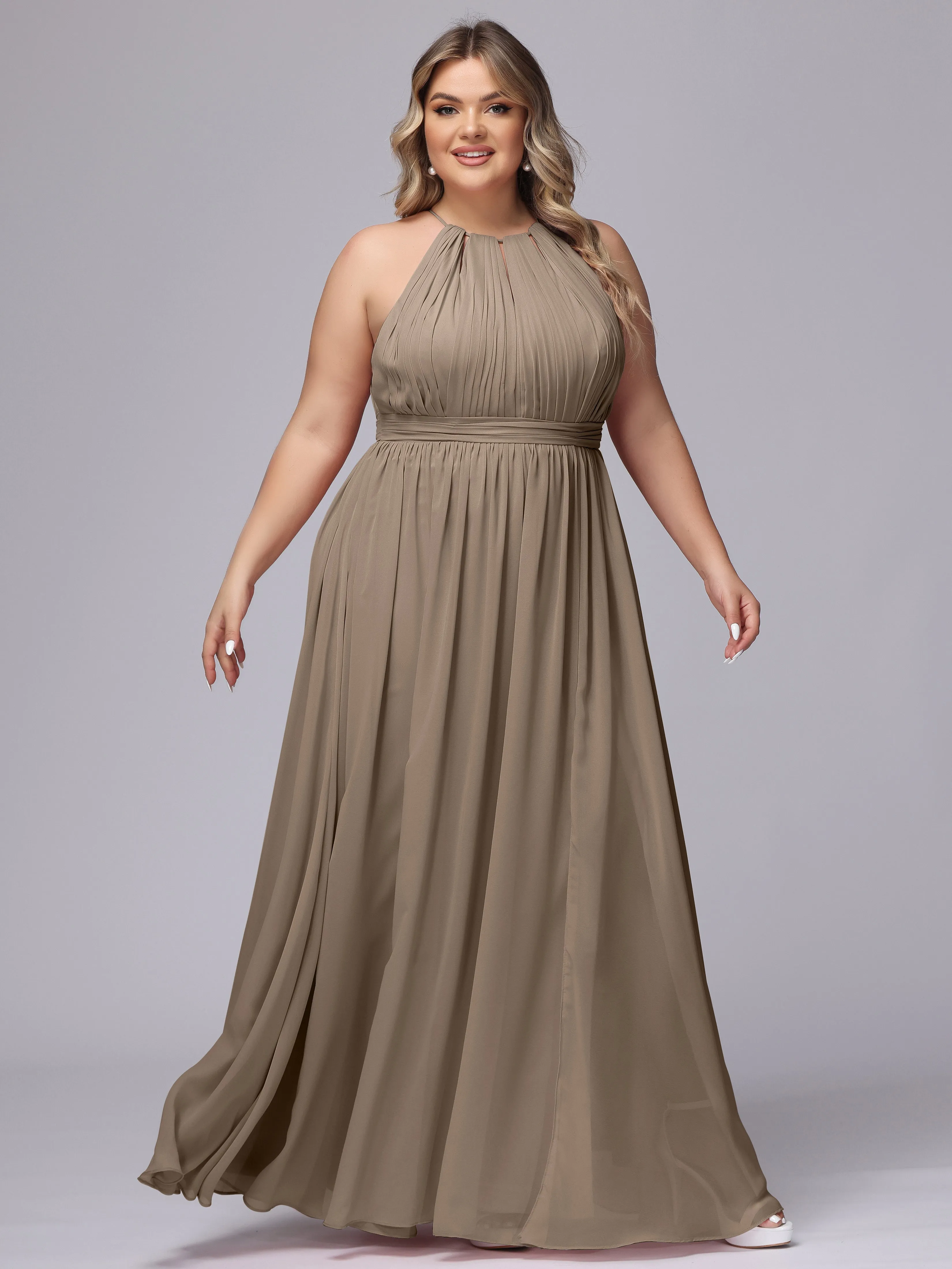 Chiffon Floor Length Halter Plus Size Split Bridesmaid Dresses