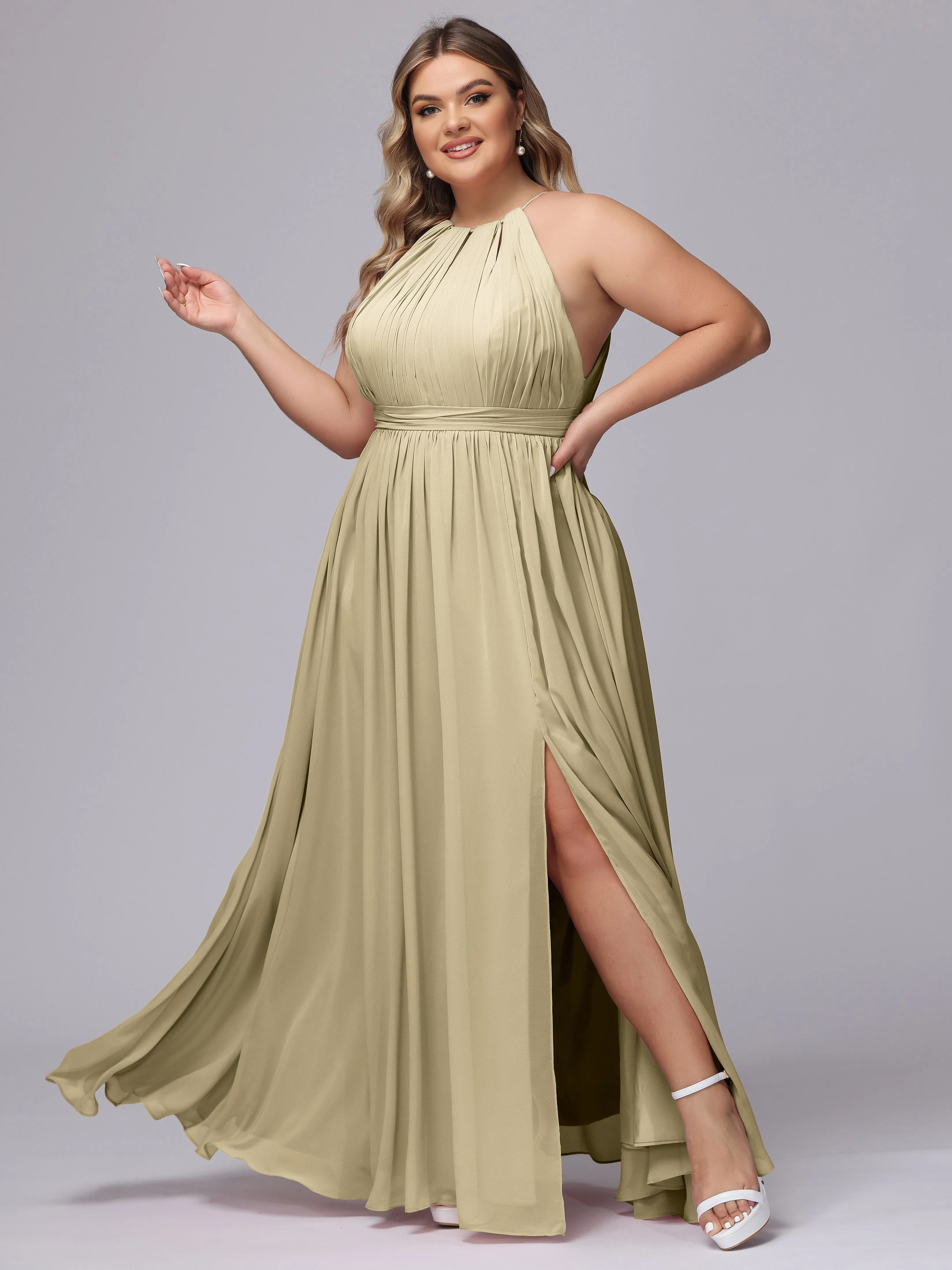 Chiffon Floor Length Halter Plus Size Split Bridesmaid Dresses