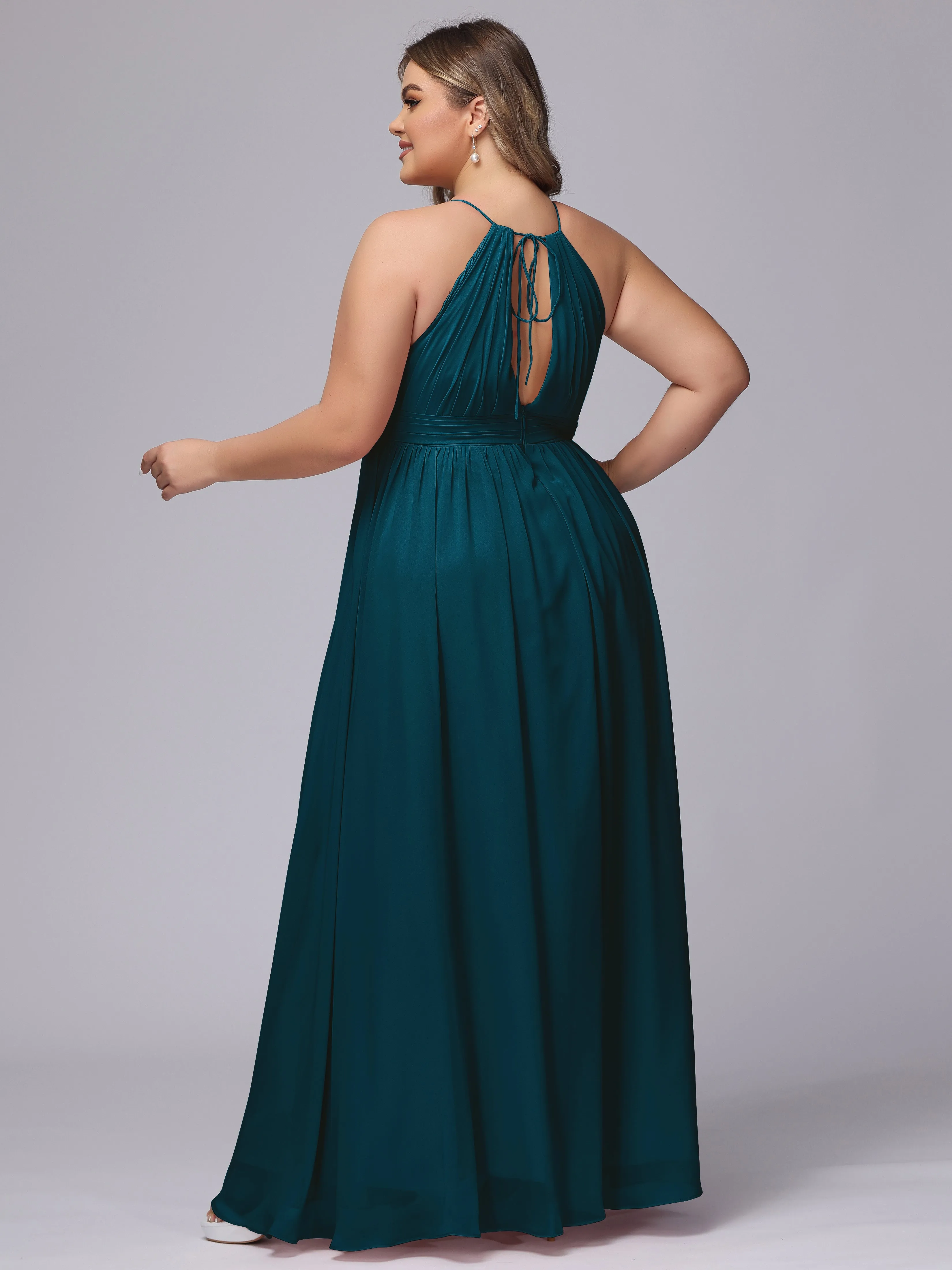 Chiffon Floor Length Halter Plus Size Split Bridesmaid Dresses