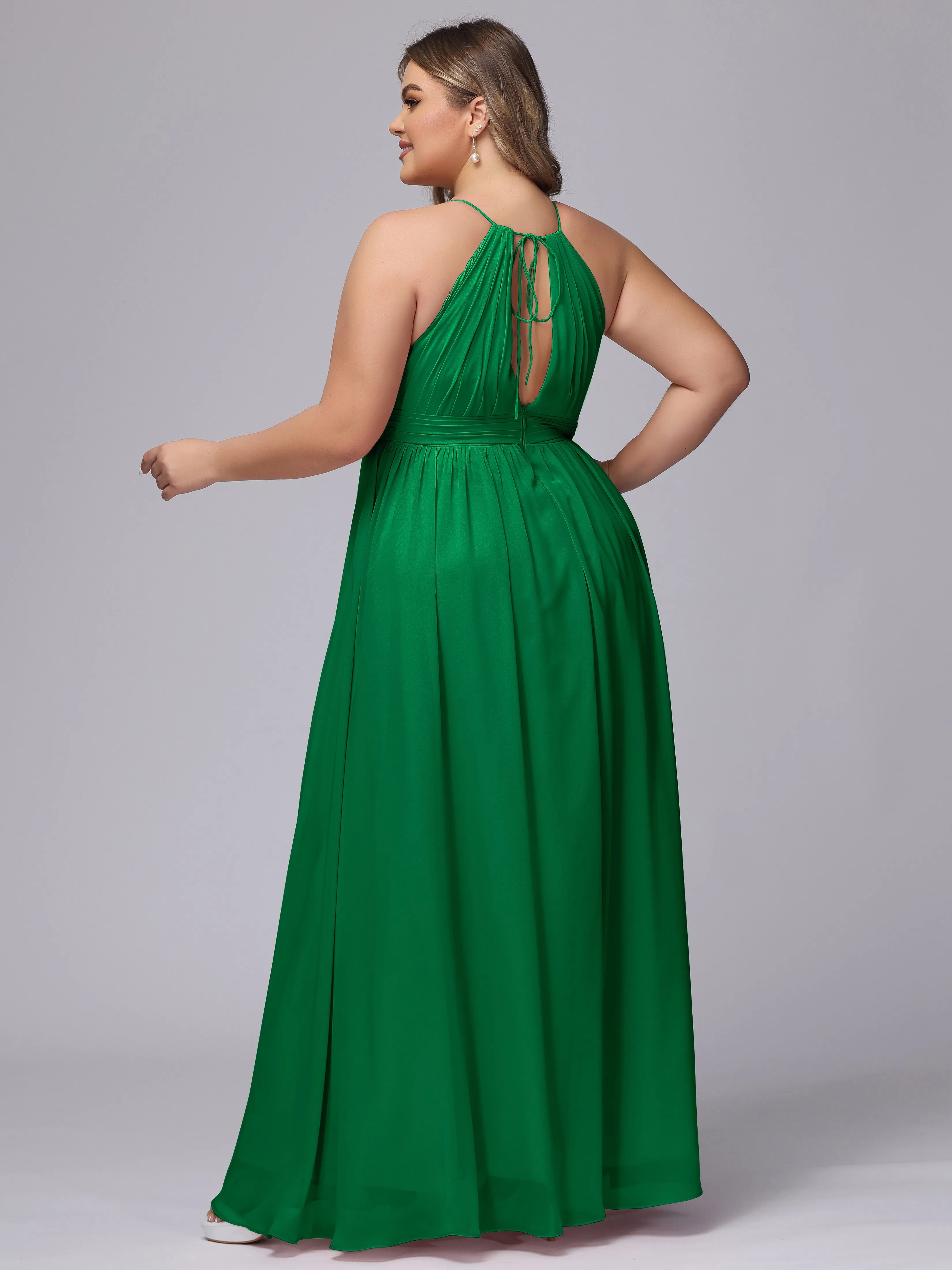 Chiffon Floor Length Halter Plus Size Split Bridesmaid Dresses