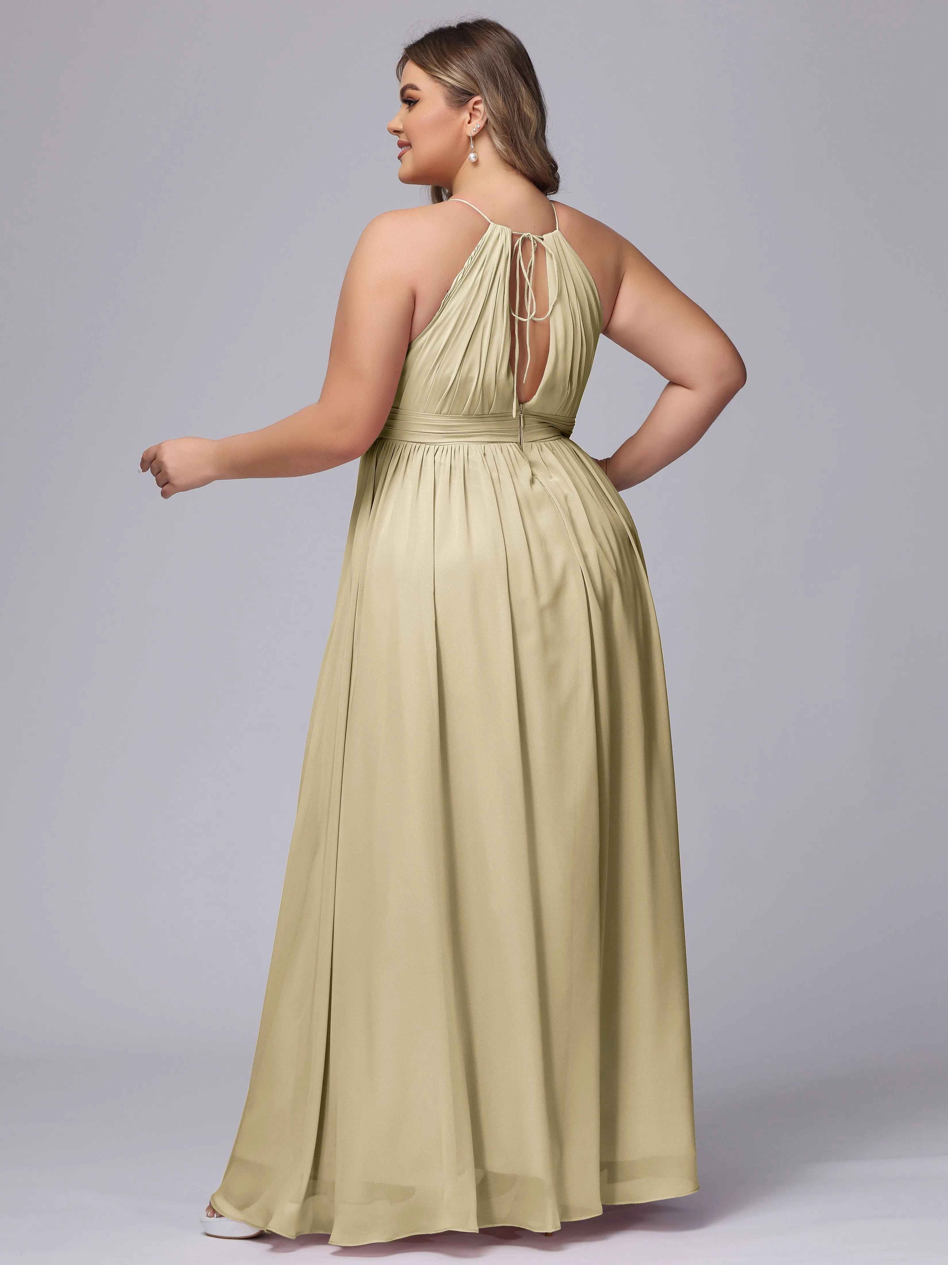 Chiffon Floor Length Halter Plus Size Split Bridesmaid Dresses