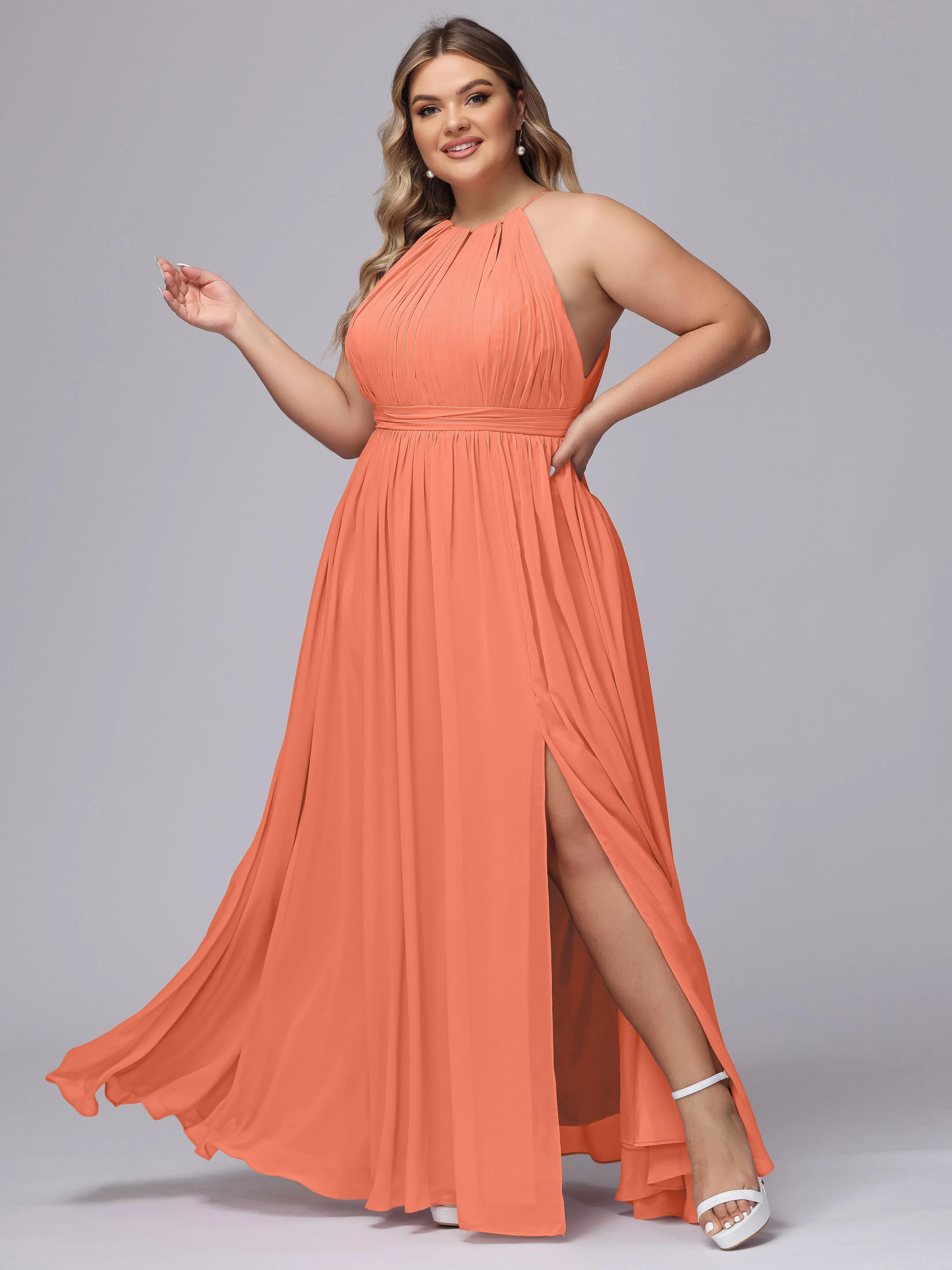 Chiffon Floor Length Halter Plus Size Split Bridesmaid Dresses