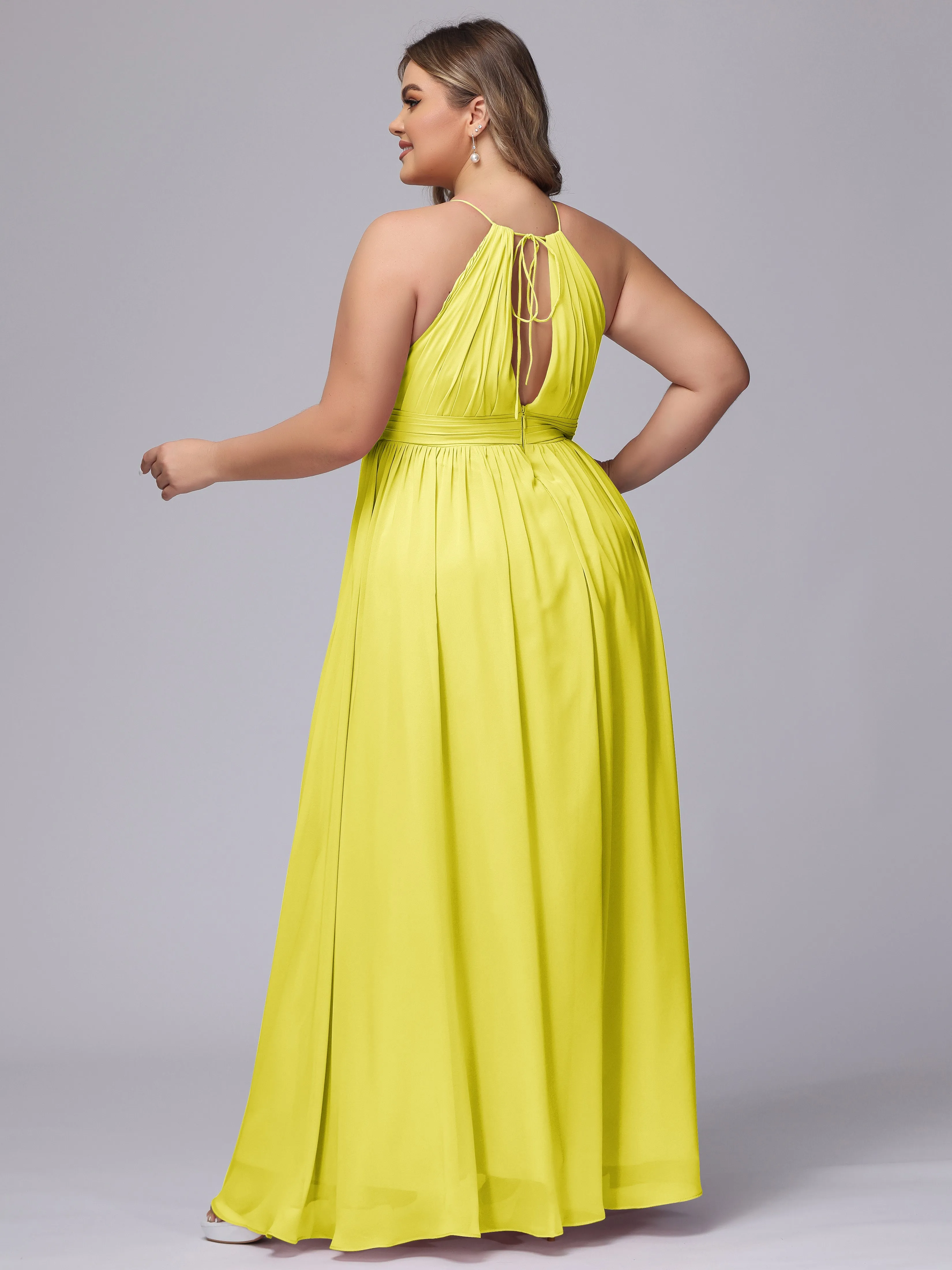 Chiffon Floor Length Halter Plus Size Split Bridesmaid Dresses