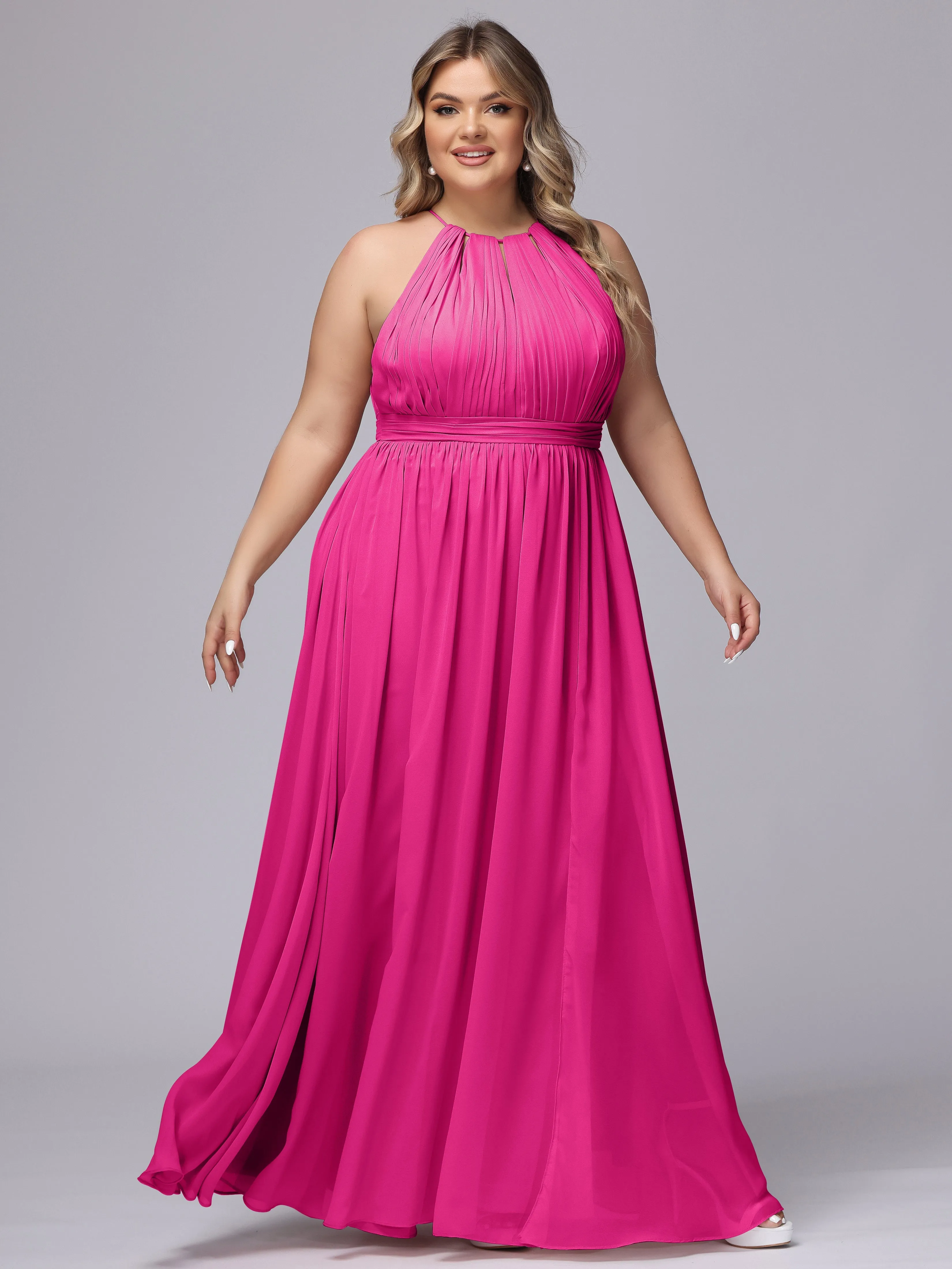 Chiffon Floor Length Halter Plus Size Split Bridesmaid Dresses