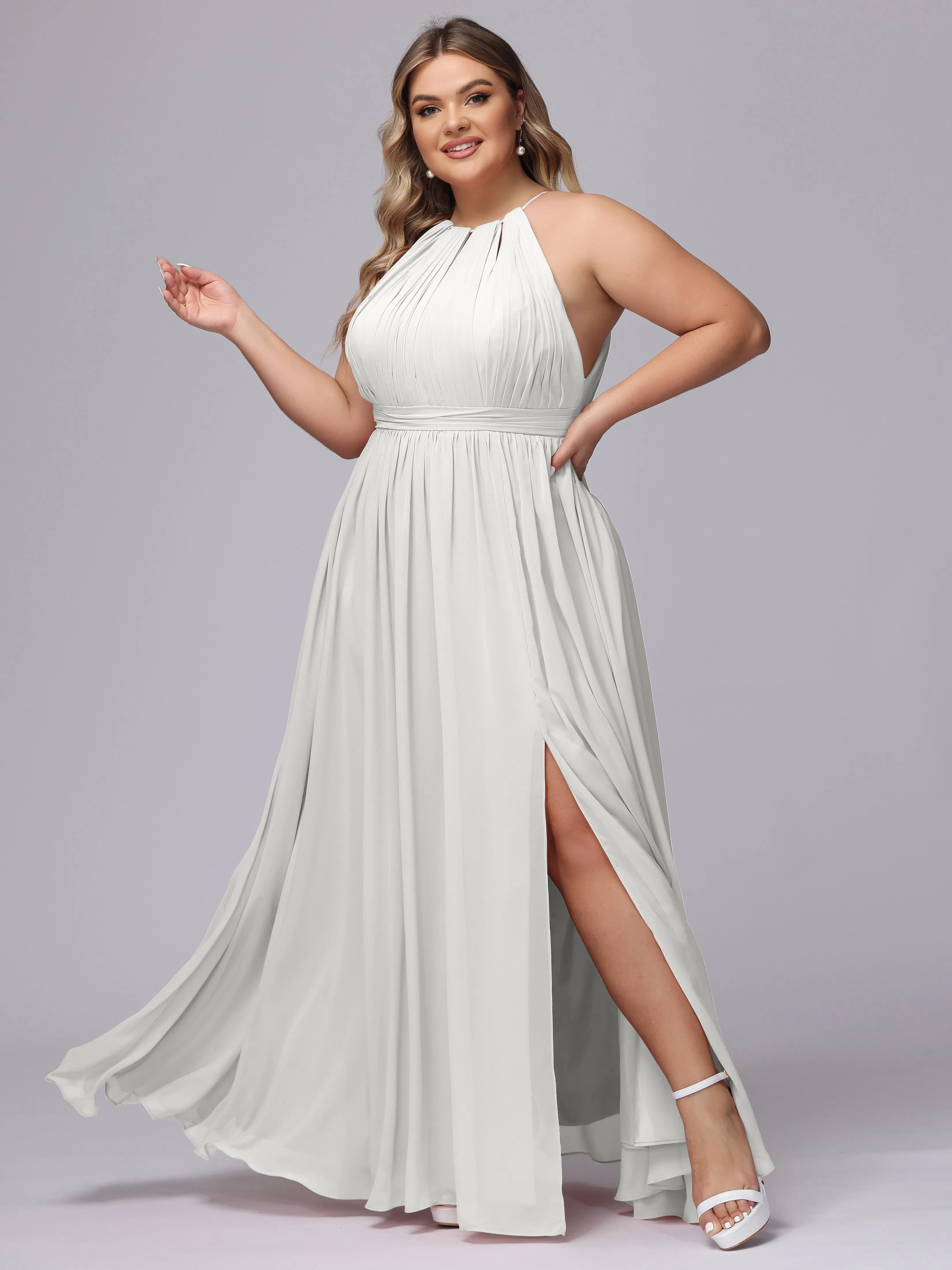 Chiffon Floor Length Halter Plus Size Split Bridesmaid Dresses
