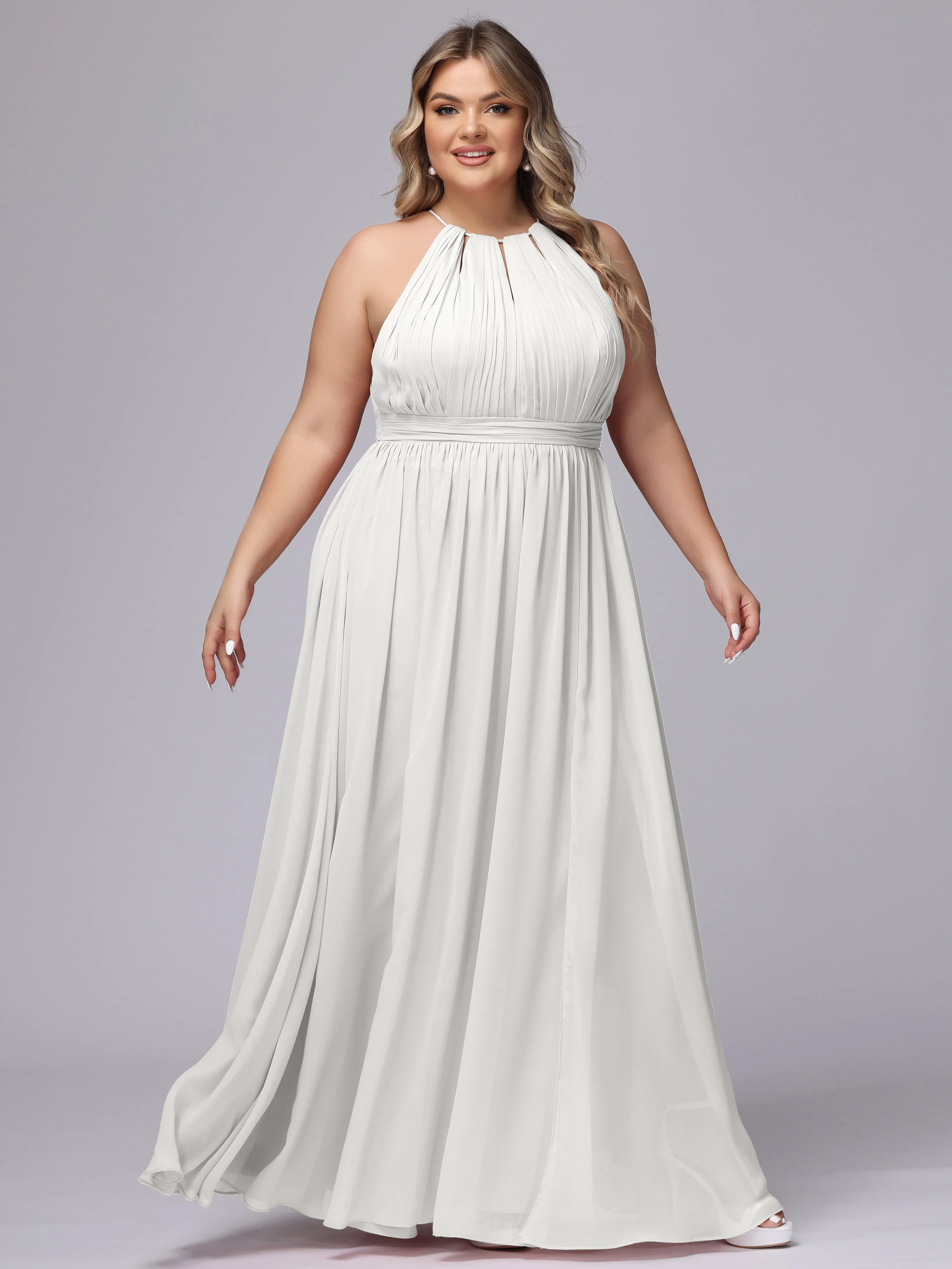 Chiffon Floor Length Halter Plus Size Split Bridesmaid Dresses