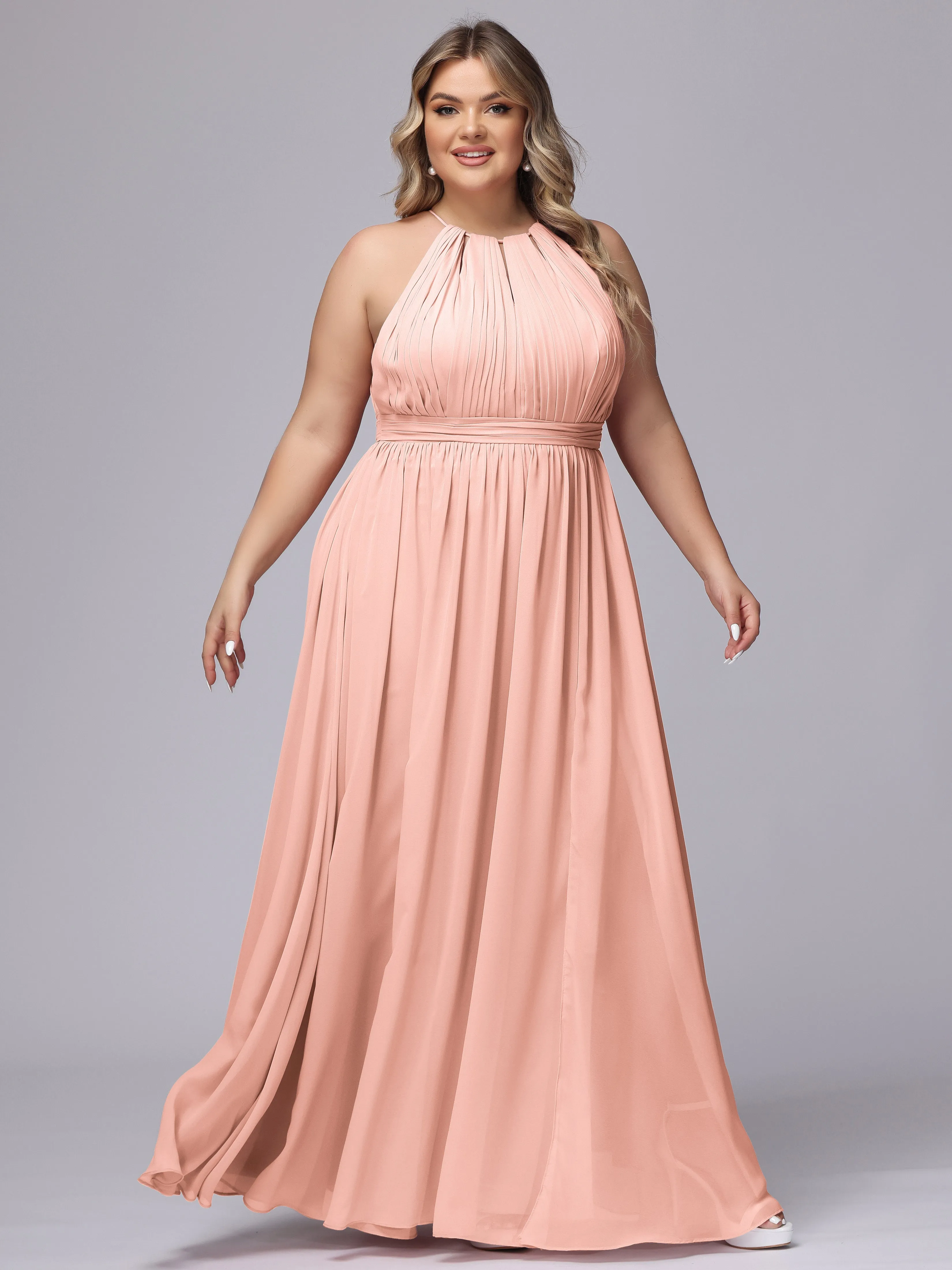 Chiffon Floor Length Halter Plus Size Split Bridesmaid Dresses