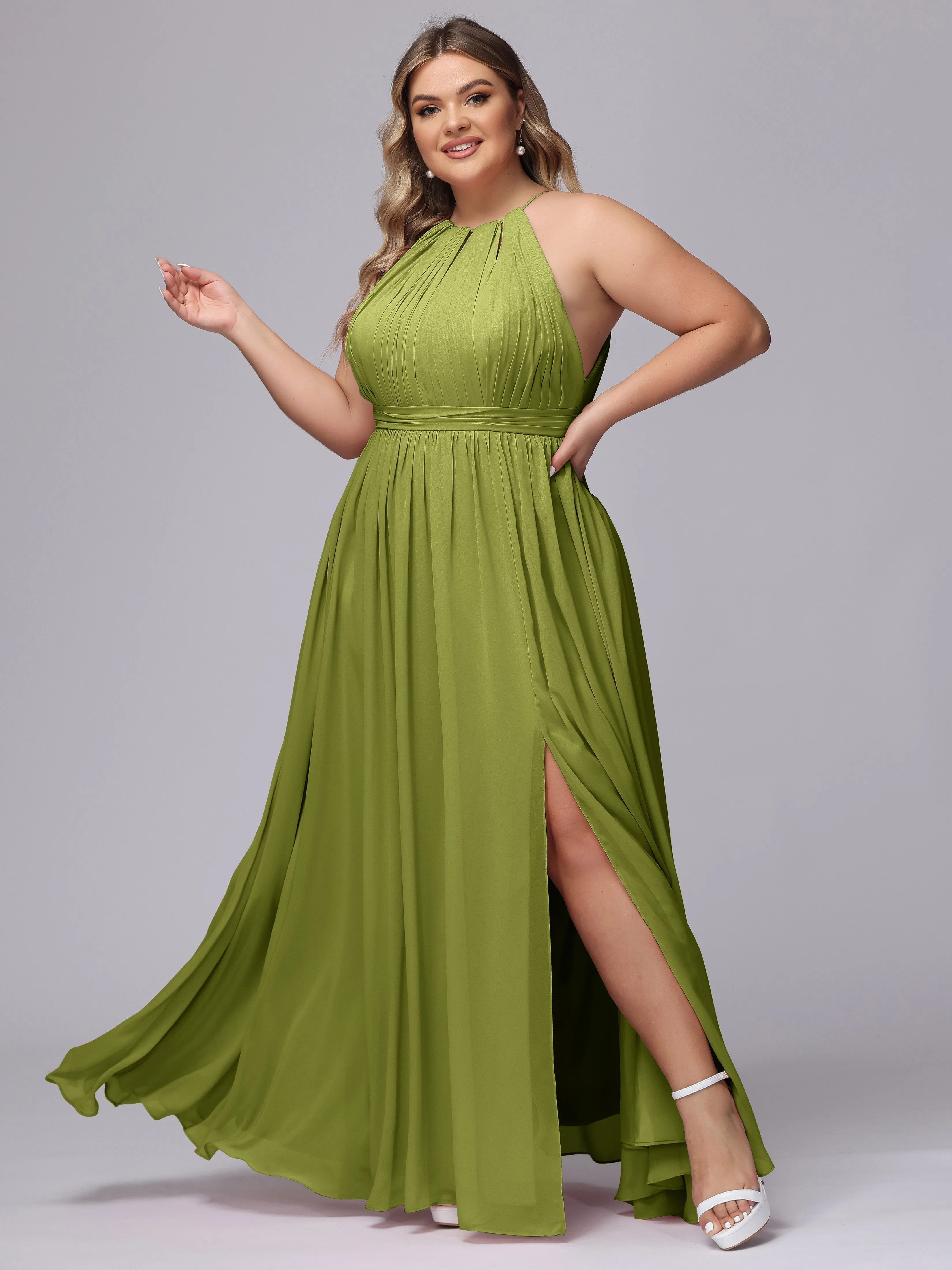 Chiffon Floor Length Halter Plus Size Split Bridesmaid Dresses