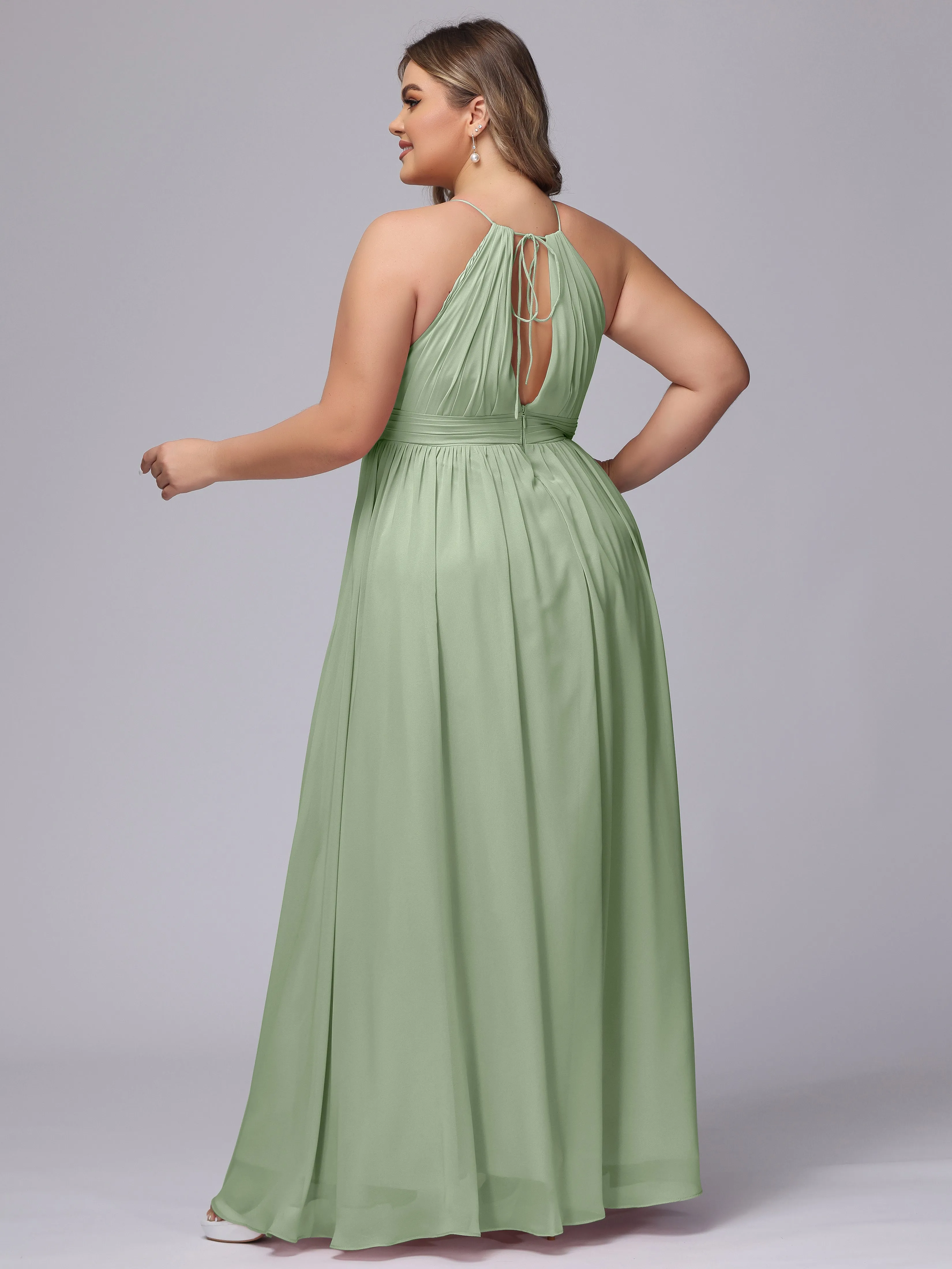 Chiffon Floor Length Halter Plus Size Split Bridesmaid Dresses