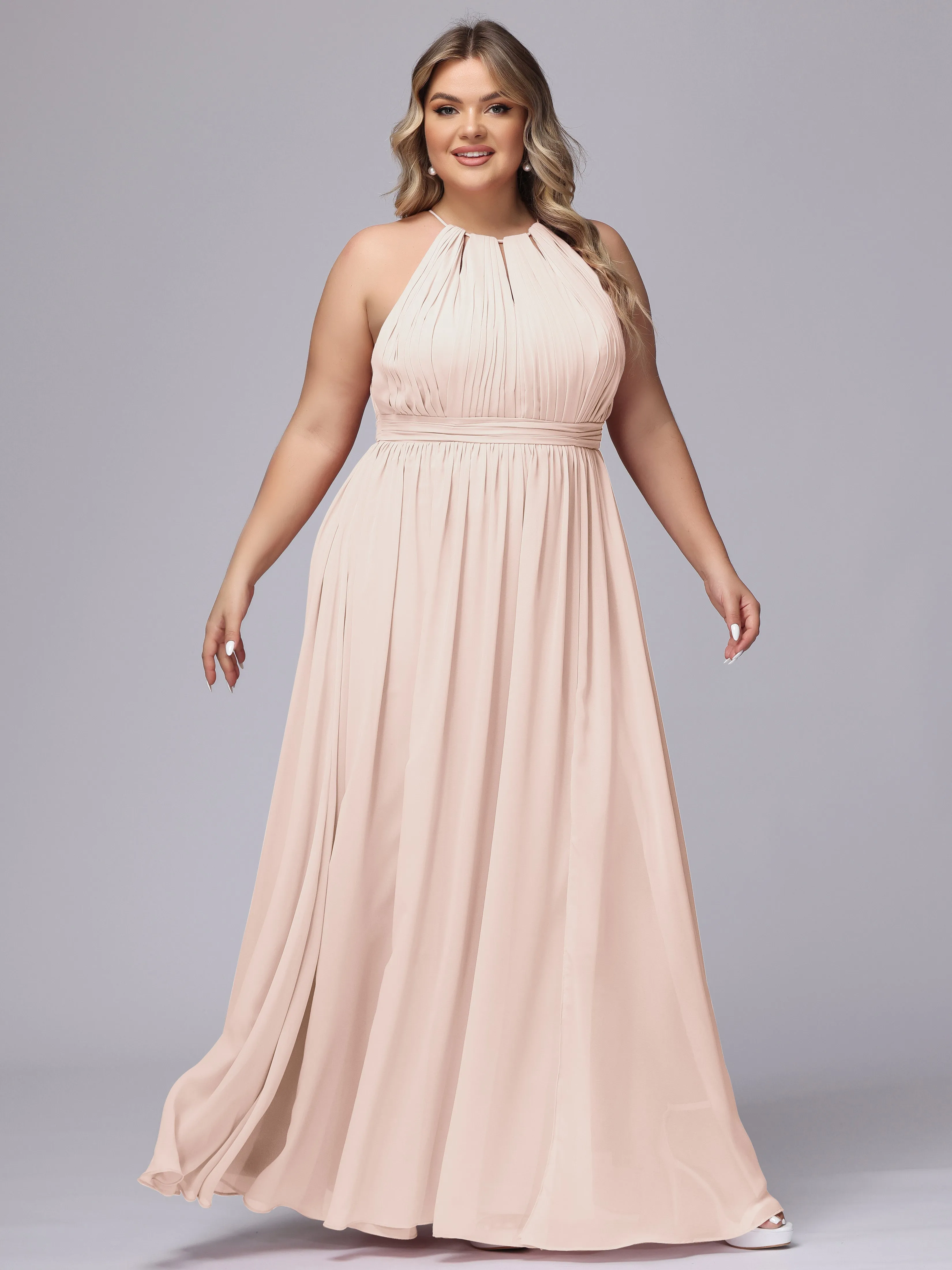Chiffon Floor Length Halter Plus Size Split Bridesmaid Dresses