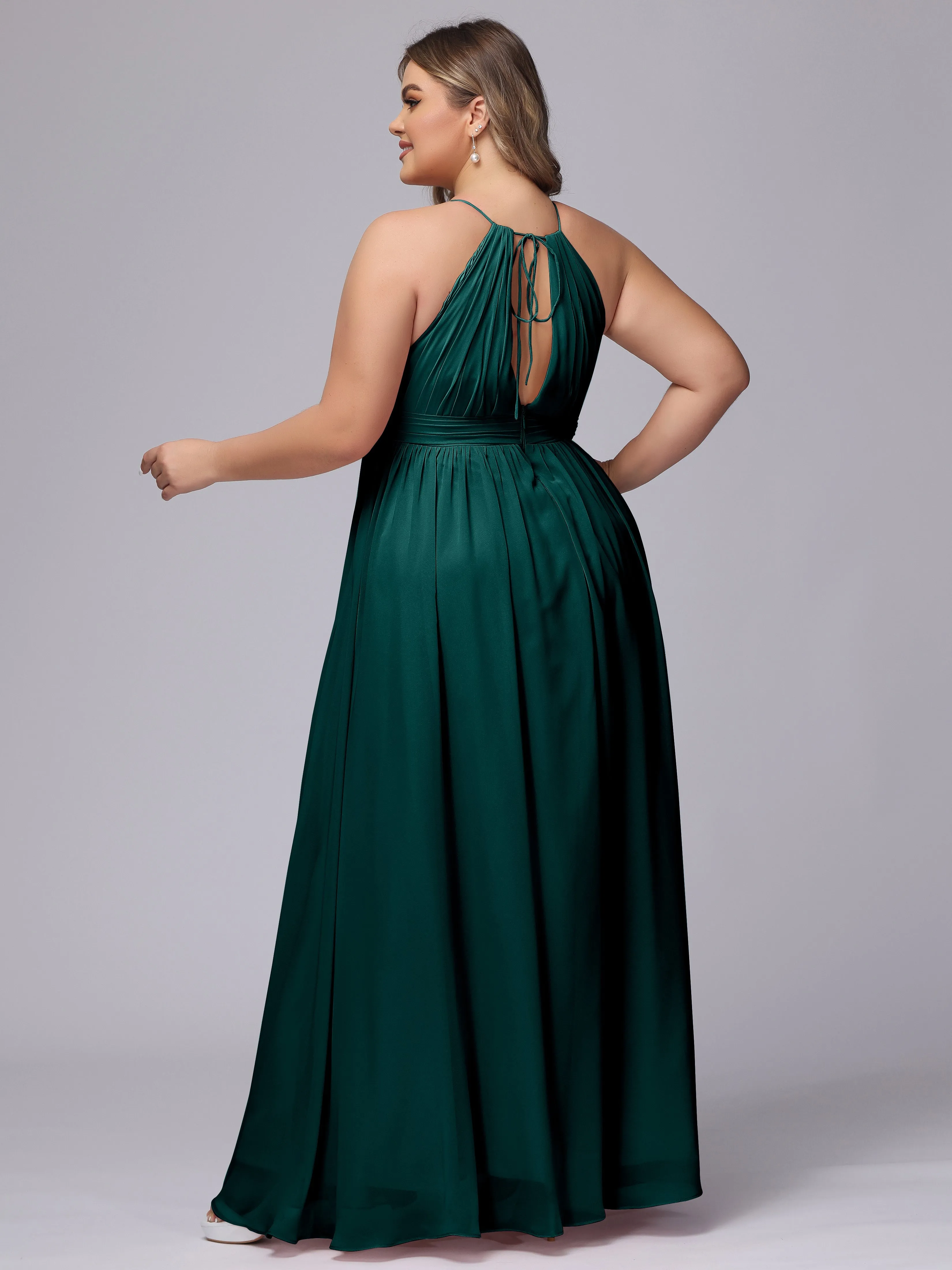 Chiffon Floor Length Halter Plus Size Split Bridesmaid Dresses