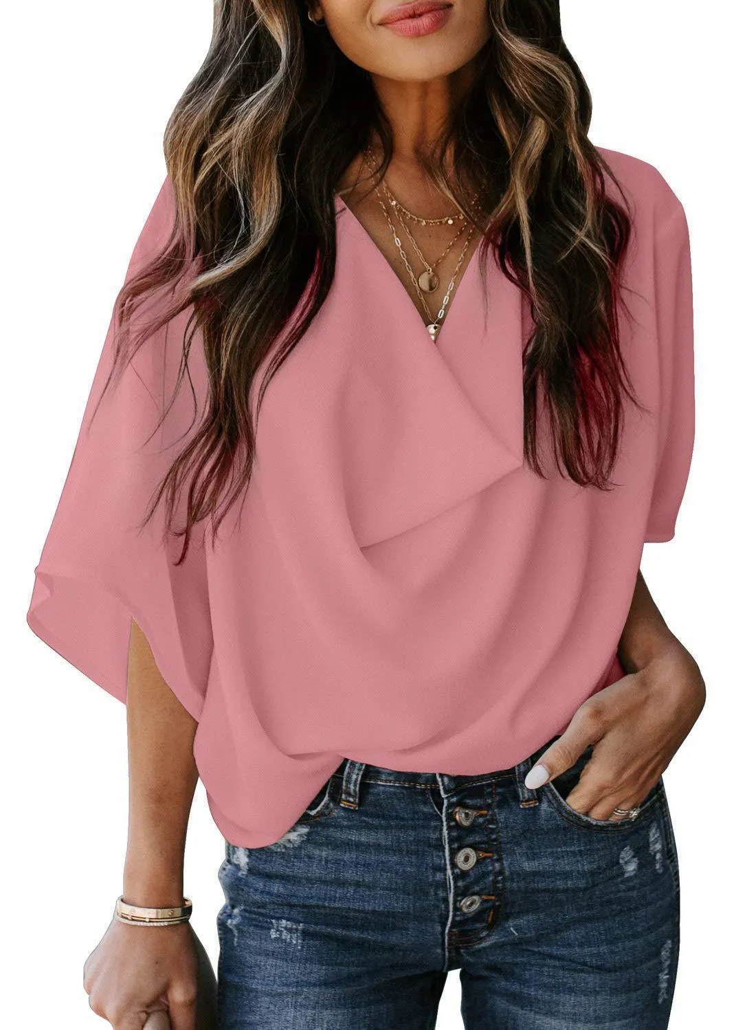 Chiffon Shirt Loose V-Neck Solid Color Casual Tops Wholesale Womens Clothing N3824070900034