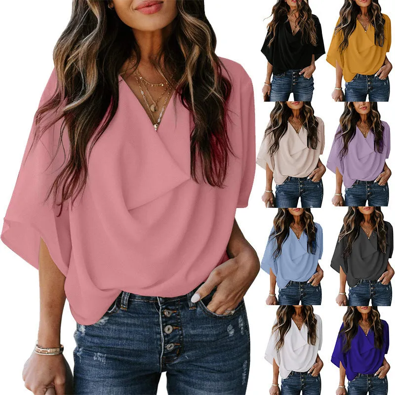 Chiffon Shirt Loose V-Neck Solid Color Casual Tops Wholesale Womens Clothing N3824070900034