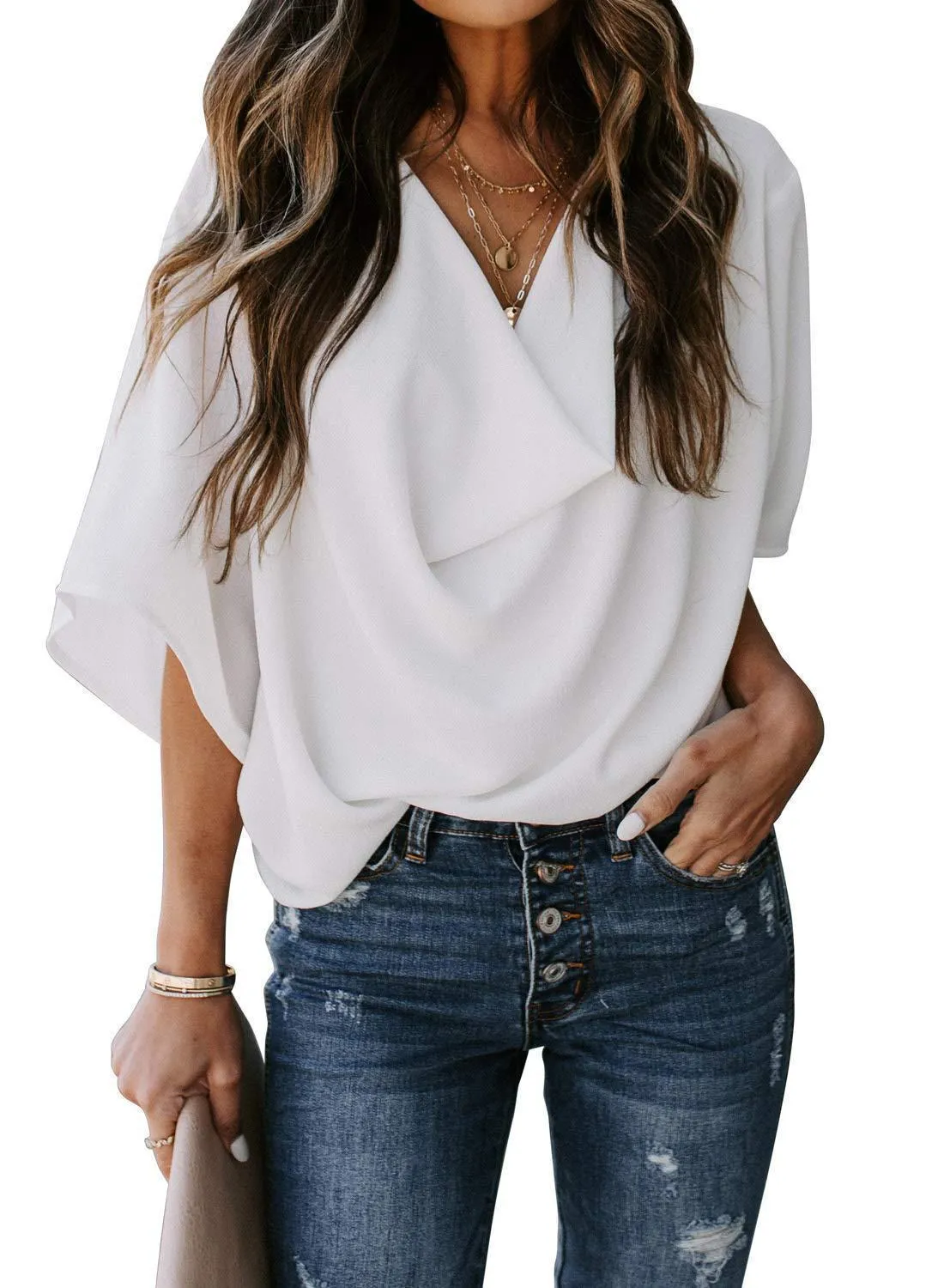 Chiffon Shirt Loose V-Neck Solid Color Casual Tops Wholesale Womens Clothing N3824070900034