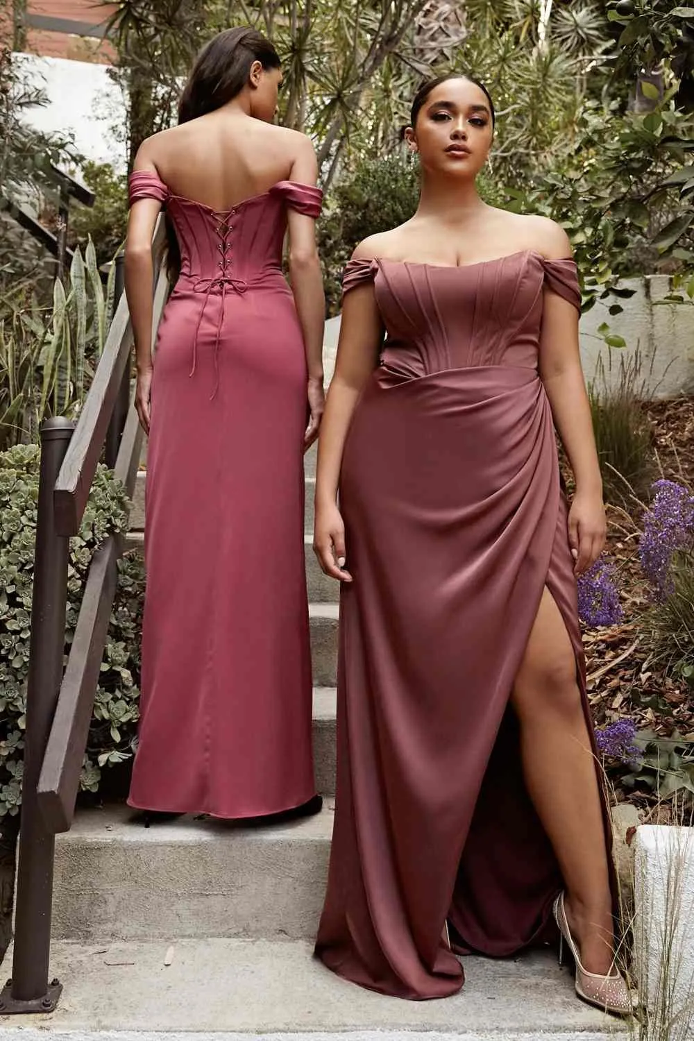 Cinderella Divine 7484 Long Off the Shoulder Corset Satin Formal Gown
