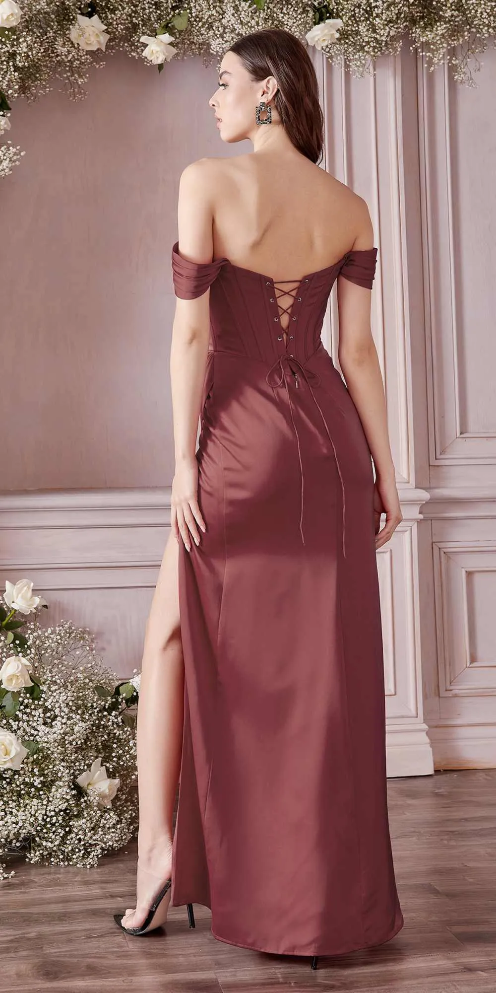 Cinderella Divine 7484 Long Off the Shoulder Corset Satin Formal Gown