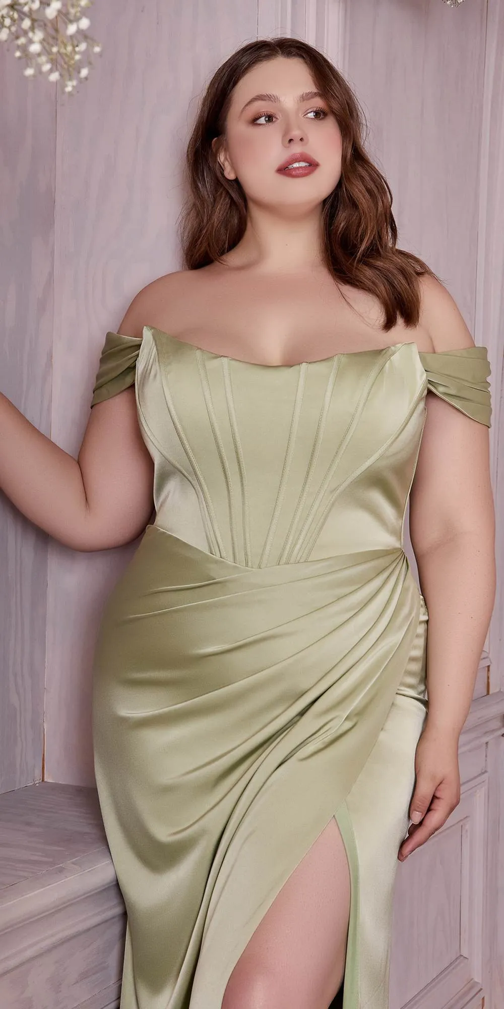 Cinderella Divine 7484 Long Off the Shoulder Corset Satin Formal Gown