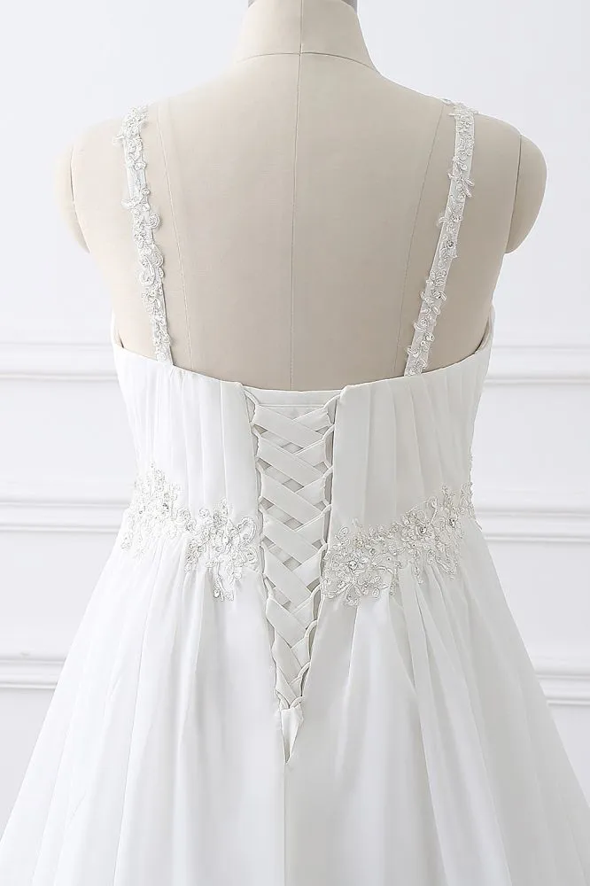 Classic Fabulous A line Chiffon Wedding Dresses Straps Appliques Lace Up Bridal Gowns