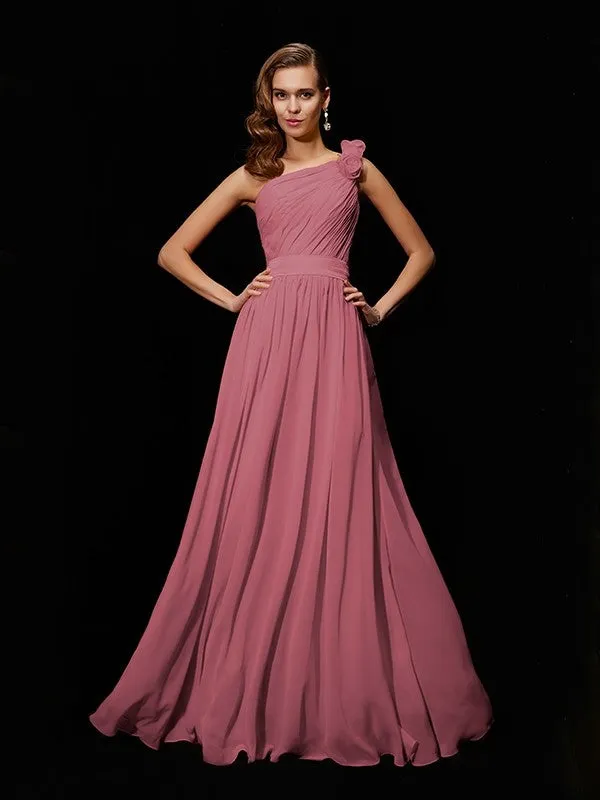 Classy Sleeveless One Shoulders Hand-Made Flower Long Chiffon Bridesmaid Dresses