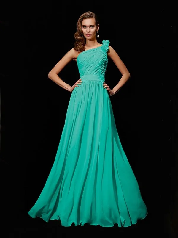 Classy Sleeveless One Shoulders Hand-Made Flower Long Chiffon Bridesmaid Dresses