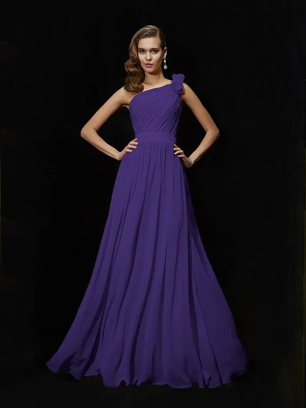 Classy Sleeveless One Shoulders Hand-Made Flower Long Chiffon Bridesmaid Dresses