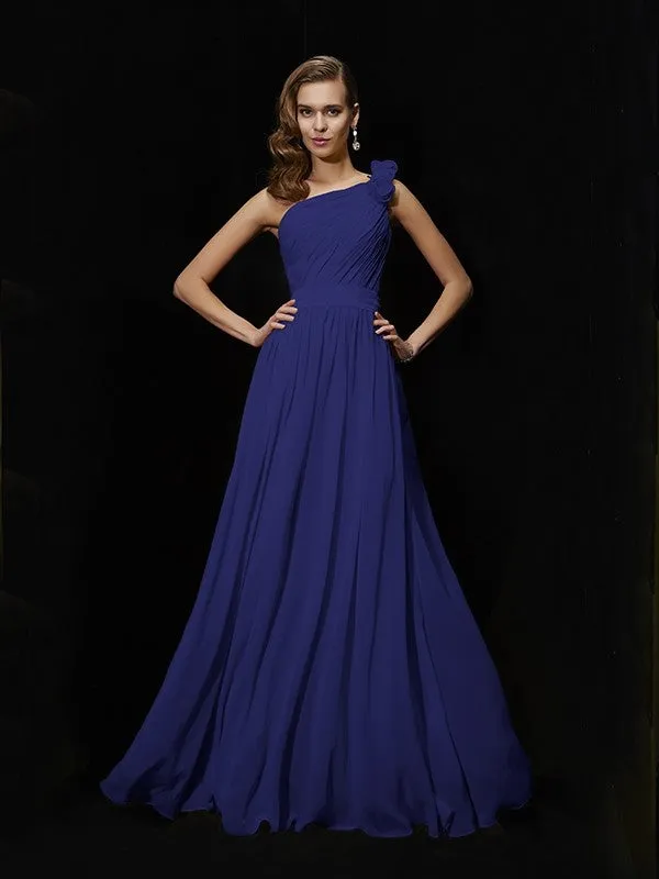 Classy Sleeveless One Shoulders Hand-Made Flower Long Chiffon Bridesmaid Dresses