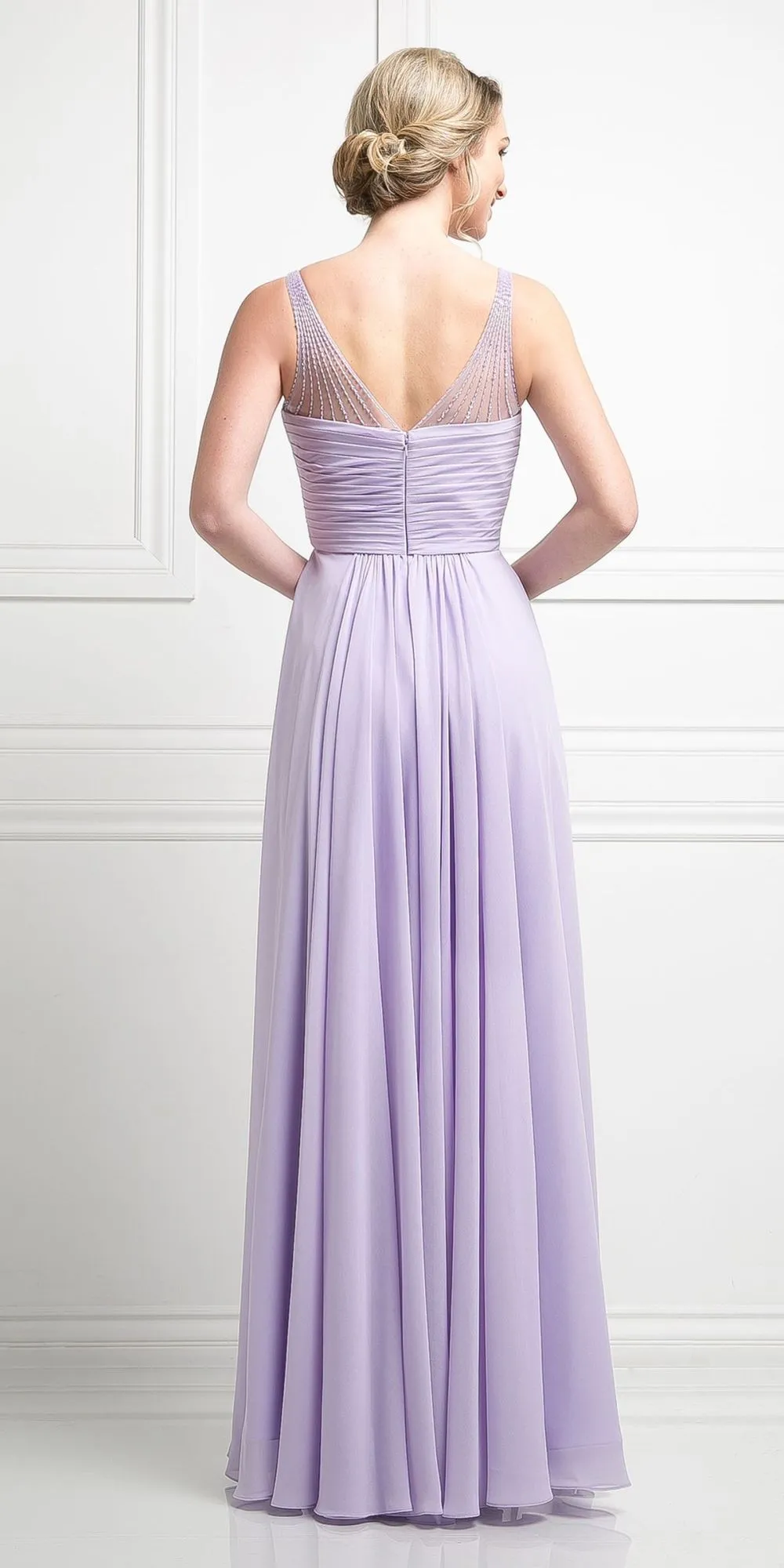 CLEARANCE - Ladivine CJ214 Long Chiffon Dress V-Neck Pleated Bodice (Size 4)