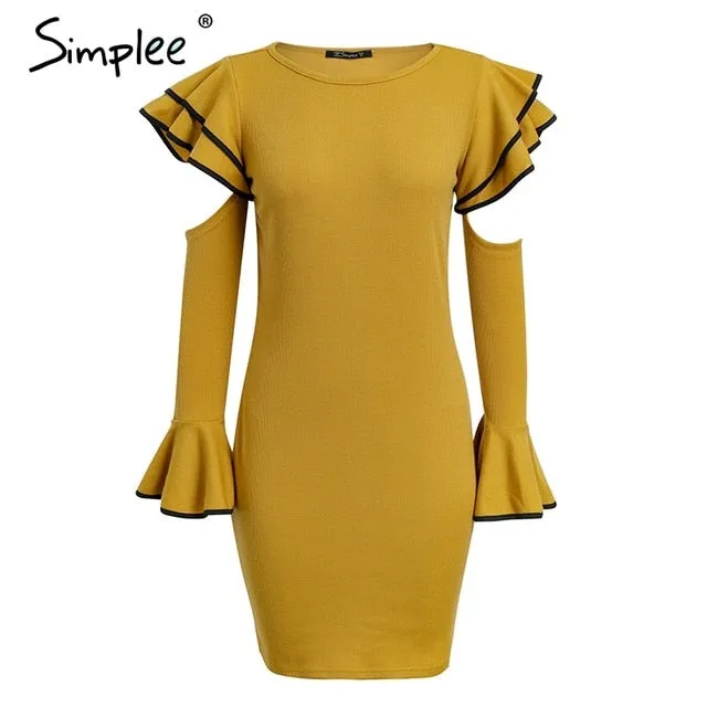 Cold shoulder ruffles knitted dress Women elegant flare long sleeve winter dress Autumn bodycon sexy dress high street