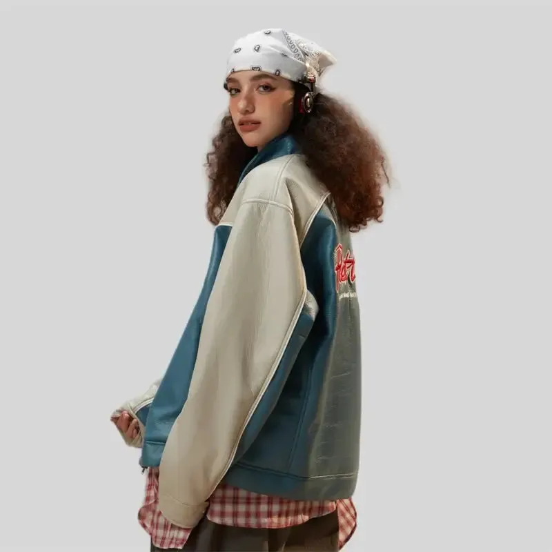 Color Block Waterproof Leather Varsity Jacket for Y2K Style
