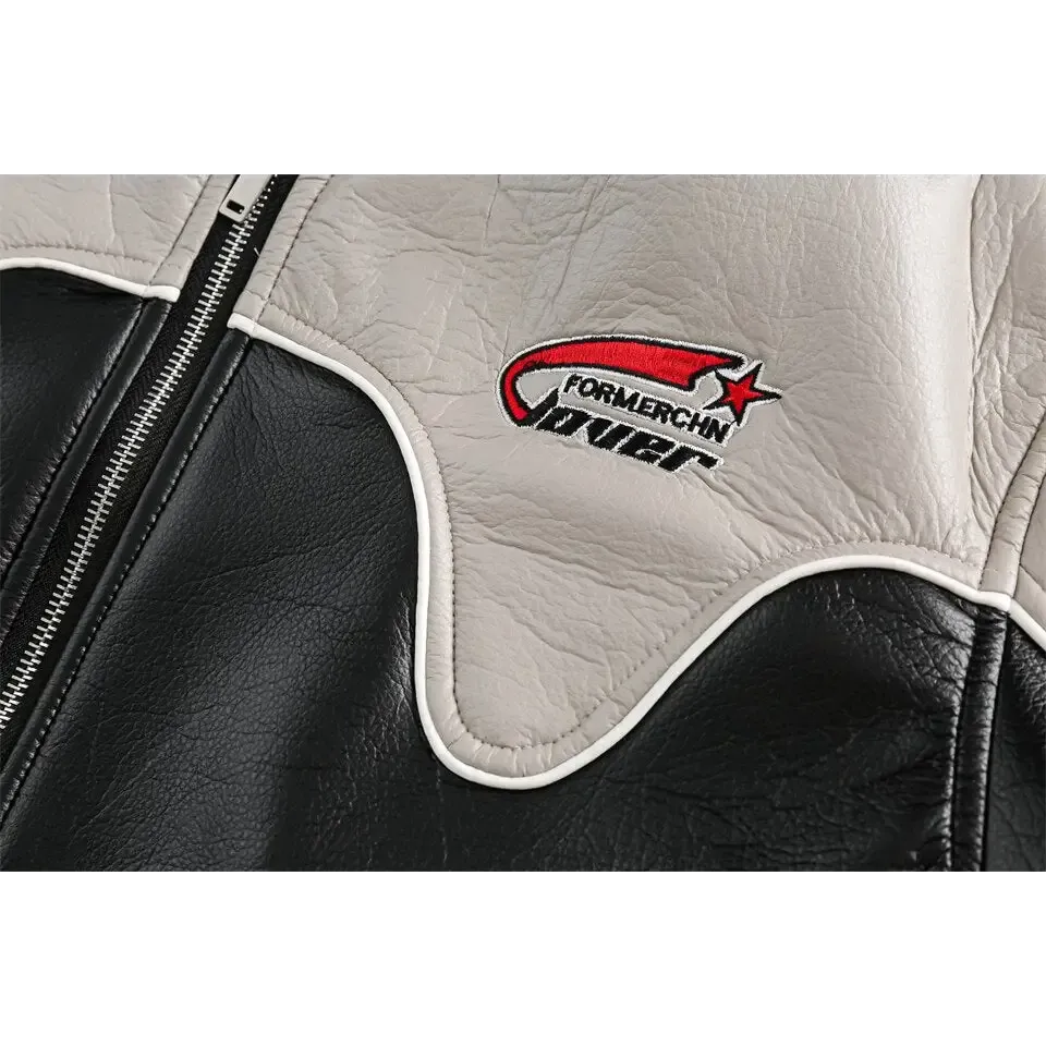 Color Block Waterproof Leather Varsity Jacket for Y2K Style