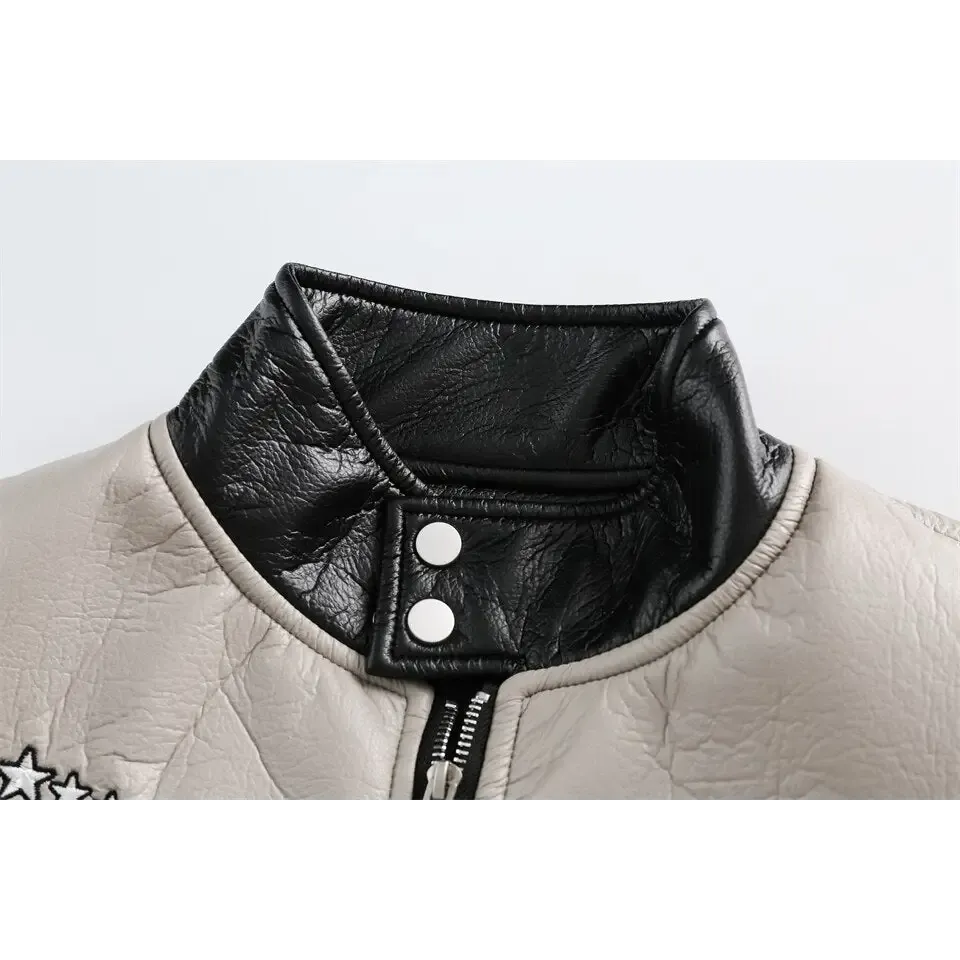Color Block Waterproof Leather Varsity Jacket for Y2K Style
