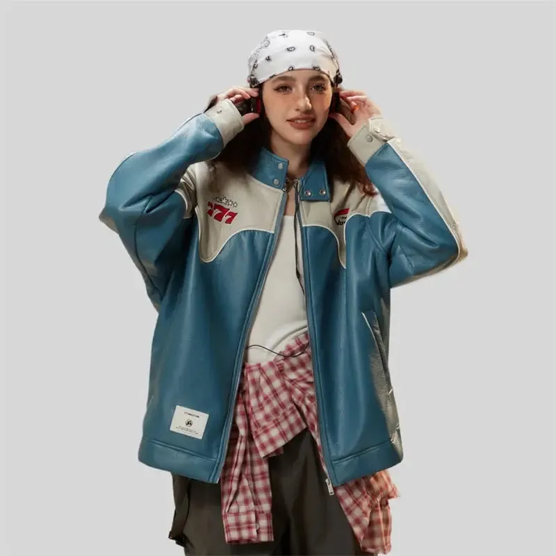 Color Block Waterproof Leather Varsity Jacket for Y2K Style