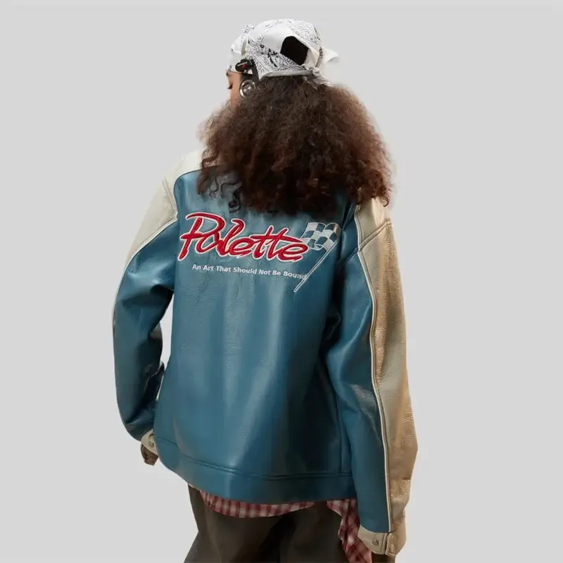 Color Block Waterproof Leather Varsity Jacket for Y2K Style