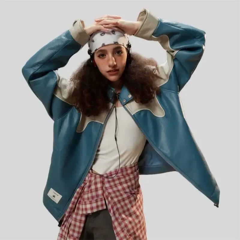 Color Block Waterproof Leather Varsity Jacket for Y2K Style