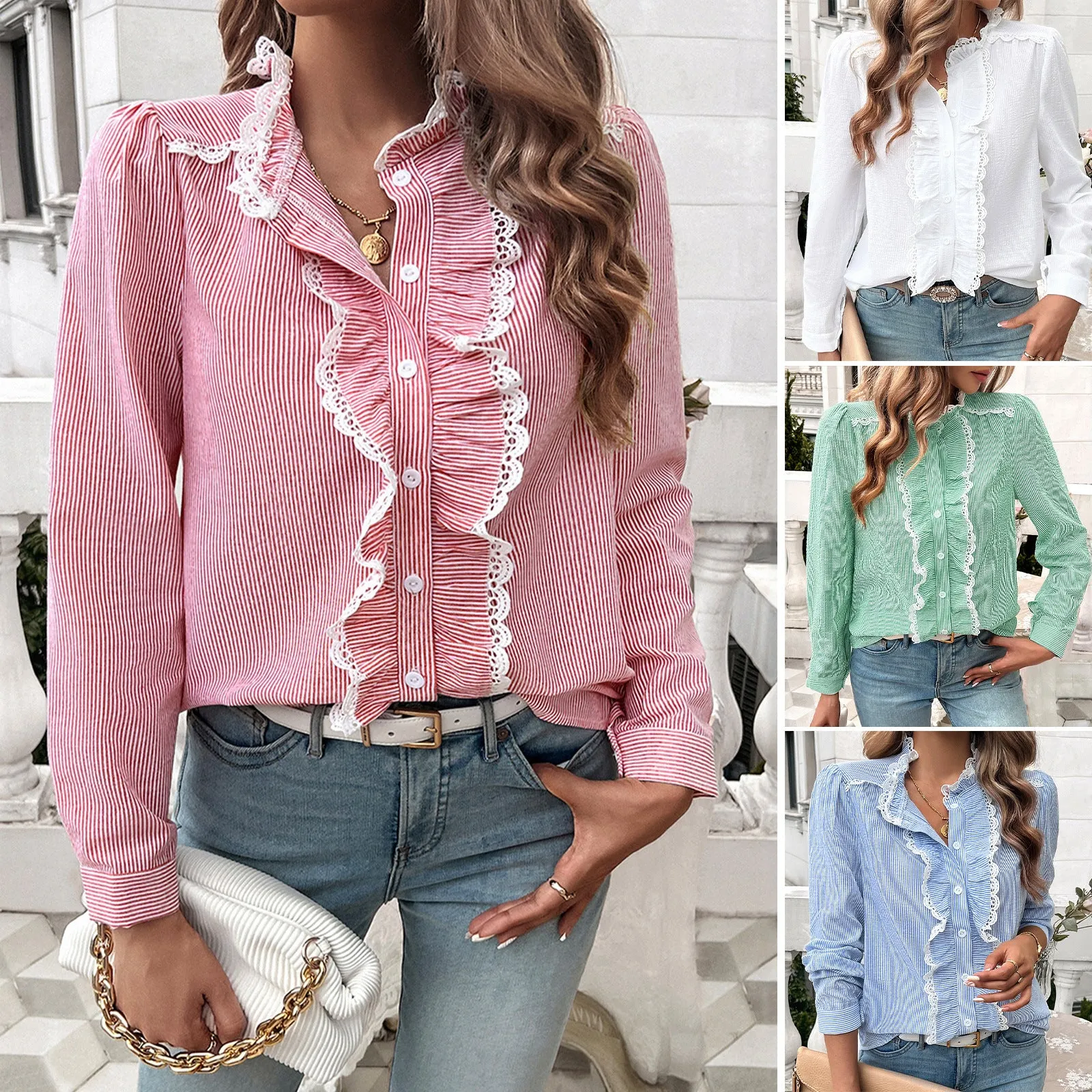 Contrast Stripe Ruffle Trim Shirts Wholesale Womens Clothing N3824062400013