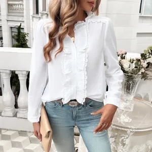 Contrast Stripe Ruffle Trim Shirts Wholesale Womens Clothing N3824062400013