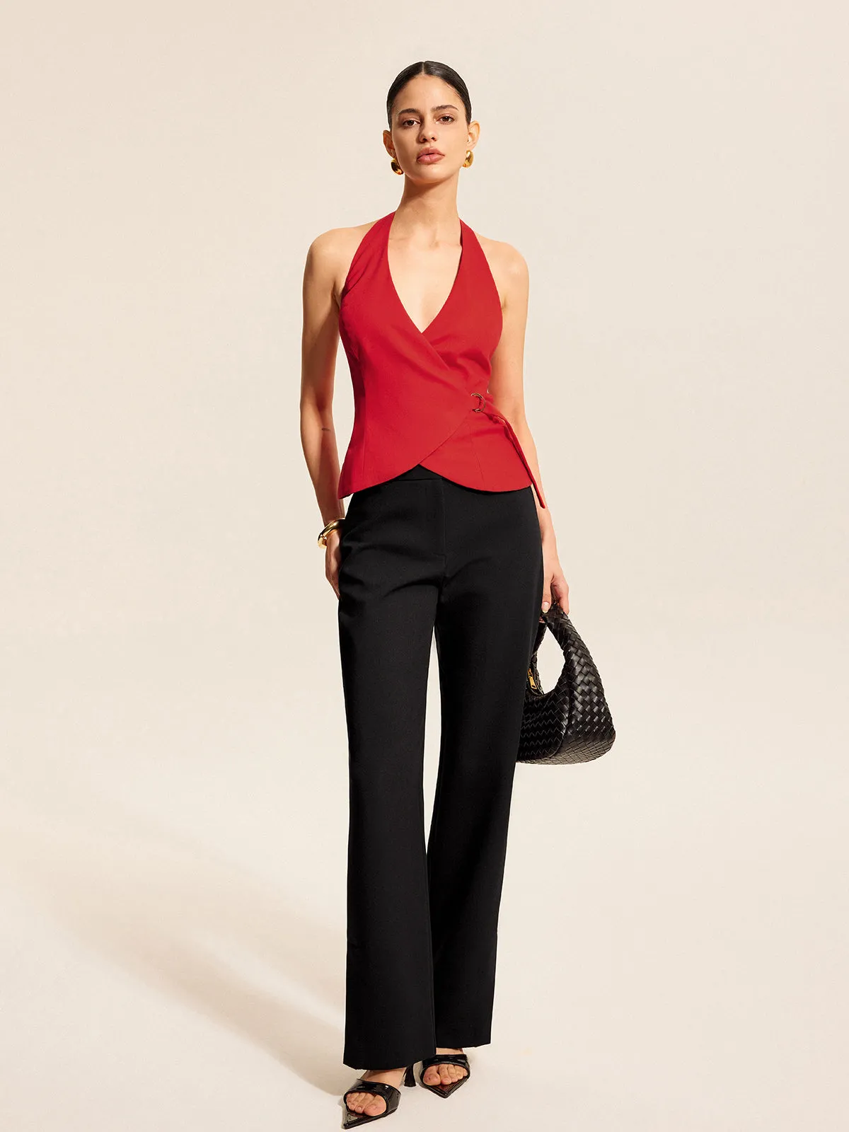 Cotton & Linen Halter Wrap Top With Ring Detail