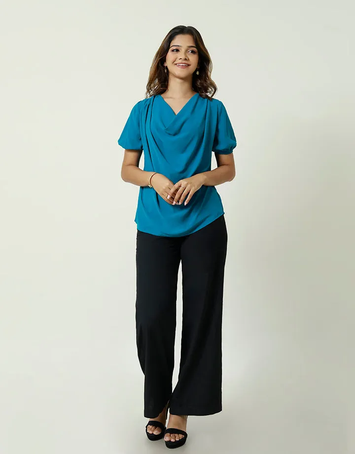 Cowl Neck Top with Puff Sleeves