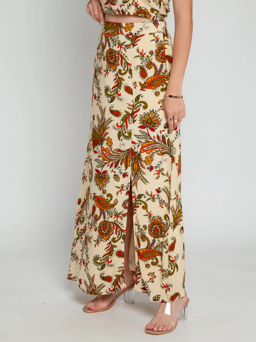Cream Printed High Waisted Skirt
