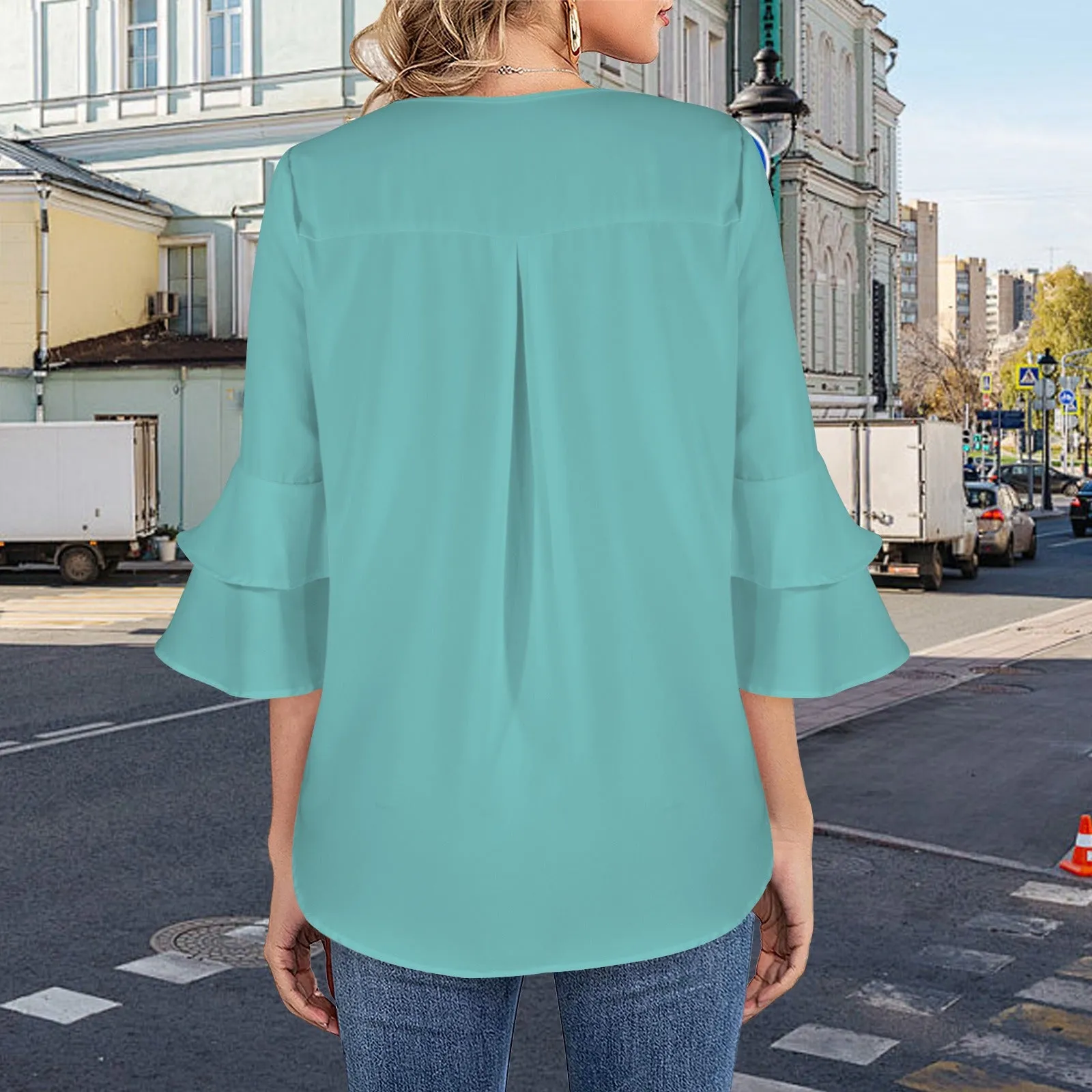 Crew neck layered flare sleeve blouse