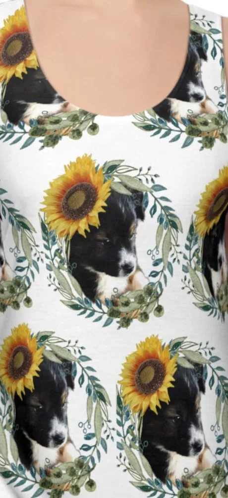 Cute Black Puppy with Sunflowers Printed Racerback Dress