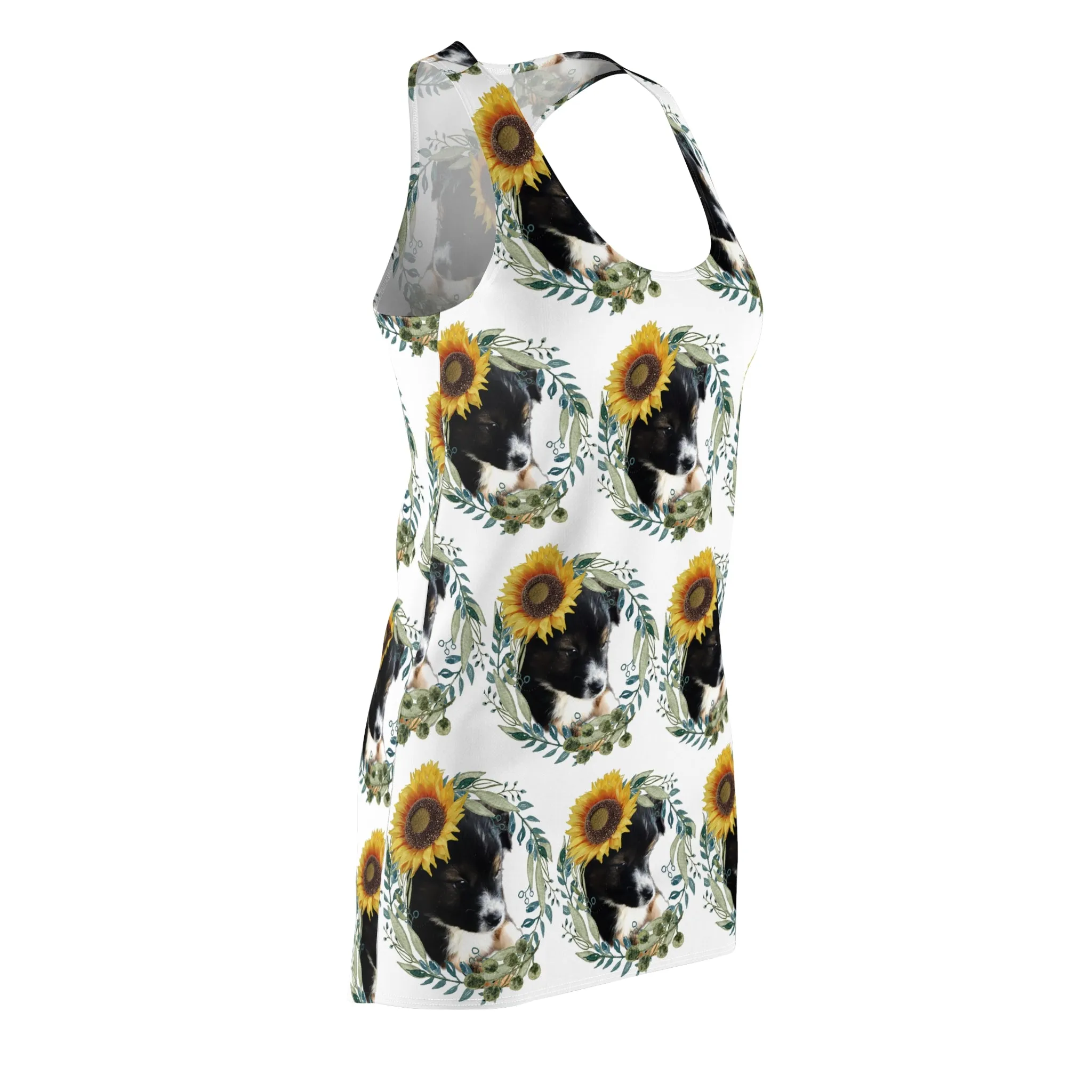 Cute Black Puppy with Sunflowers Printed Racerback Dress
