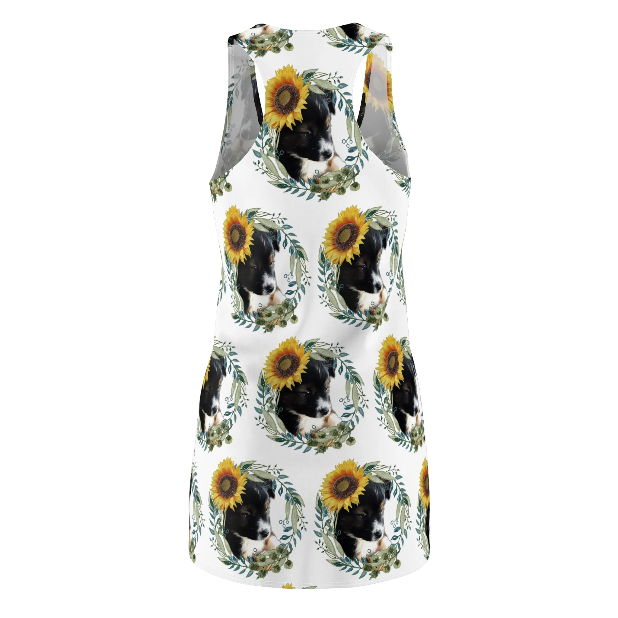 Cute Black Puppy with Sunflowers Printed Racerback Dress