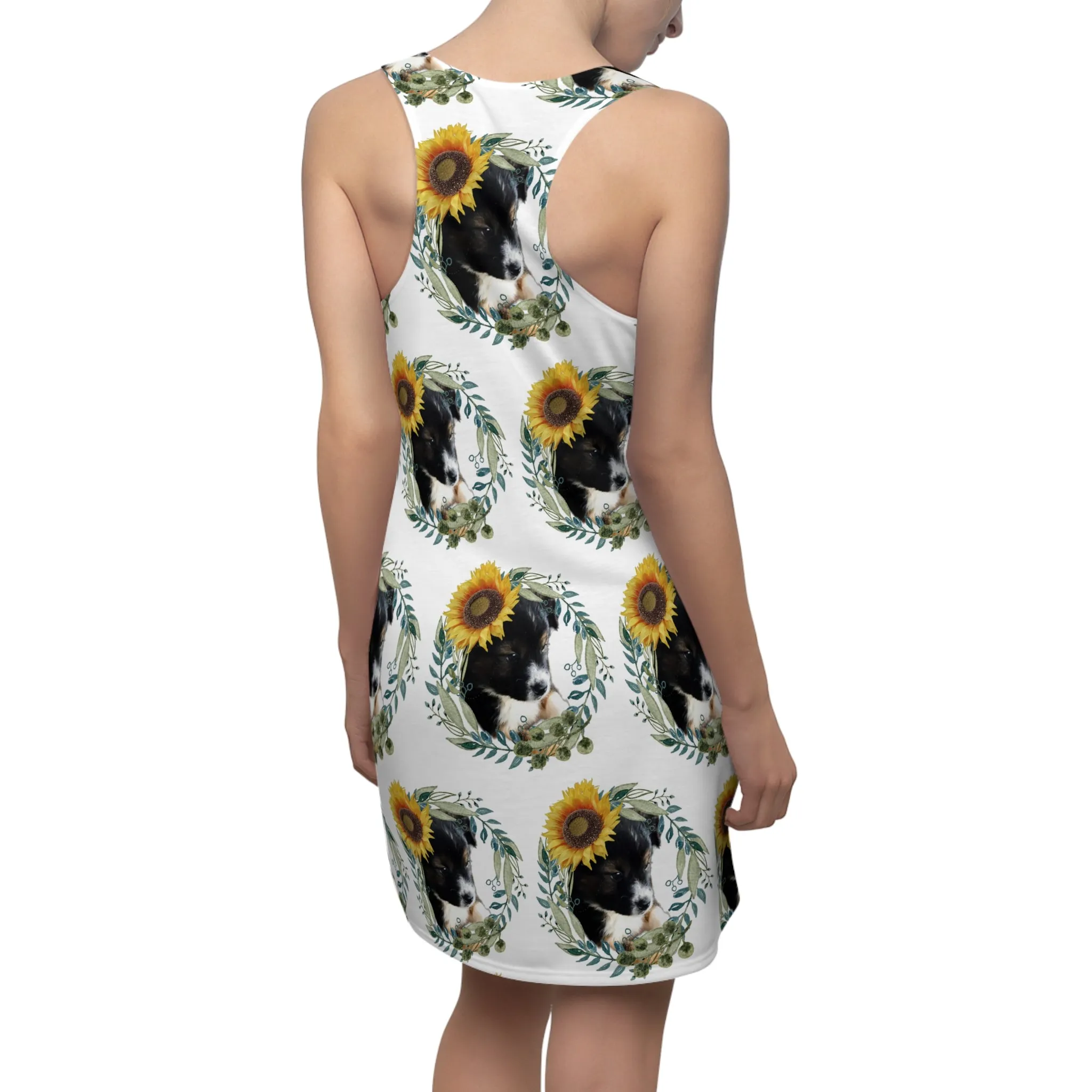 Cute Black Puppy with Sunflowers Printed Racerback Dress