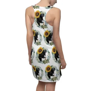 Cute Black Puppy with Sunflowers Printed Racerback Dress