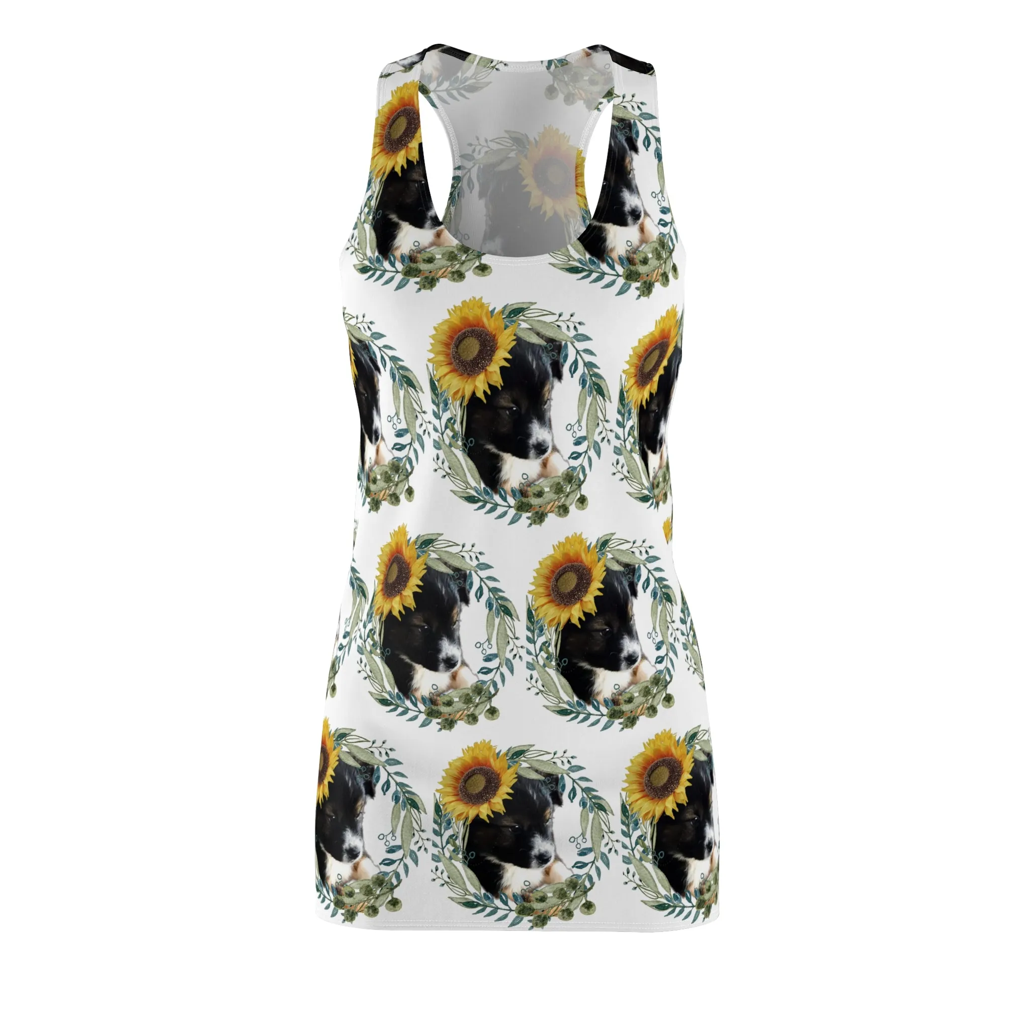 Cute Black Puppy with Sunflowers Printed Racerback Dress
