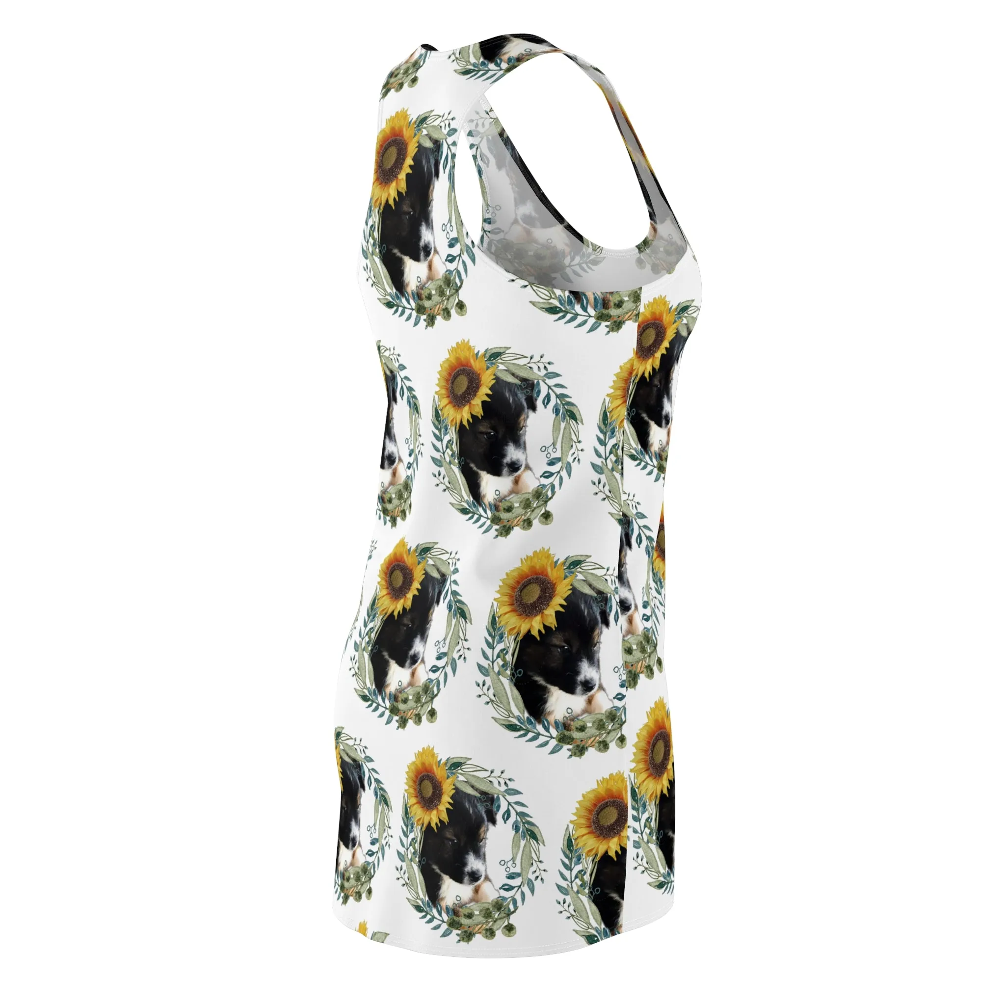 Cute Black Puppy with Sunflowers Printed Racerback Dress
