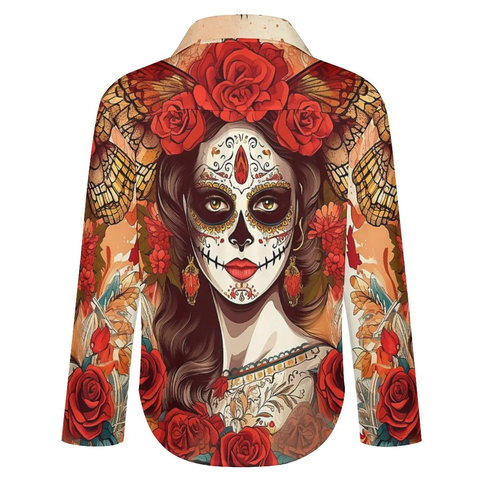 Day of the Dead Sugar Skull Flower Crown Blouse, Witchy Skull Halloween Button up Shirt