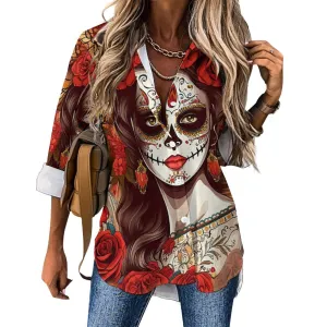 Day of the Dead Sugar Skull Flower Crown Blouse, Witchy Skull Halloween Button up Shirt