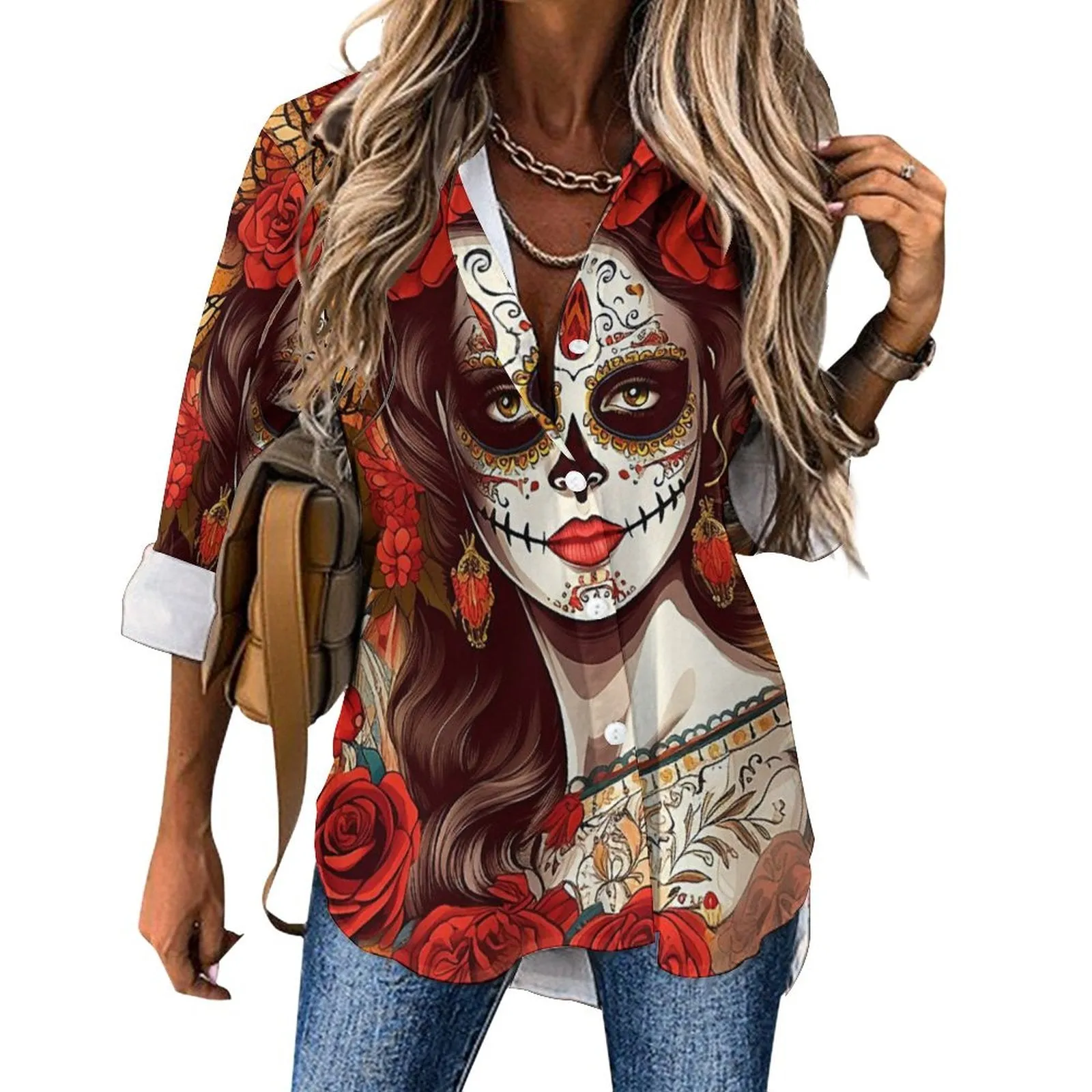 Day of the Dead Sugar Skull Flower Crown Blouse, Witchy Skull Halloween Button up Shirt